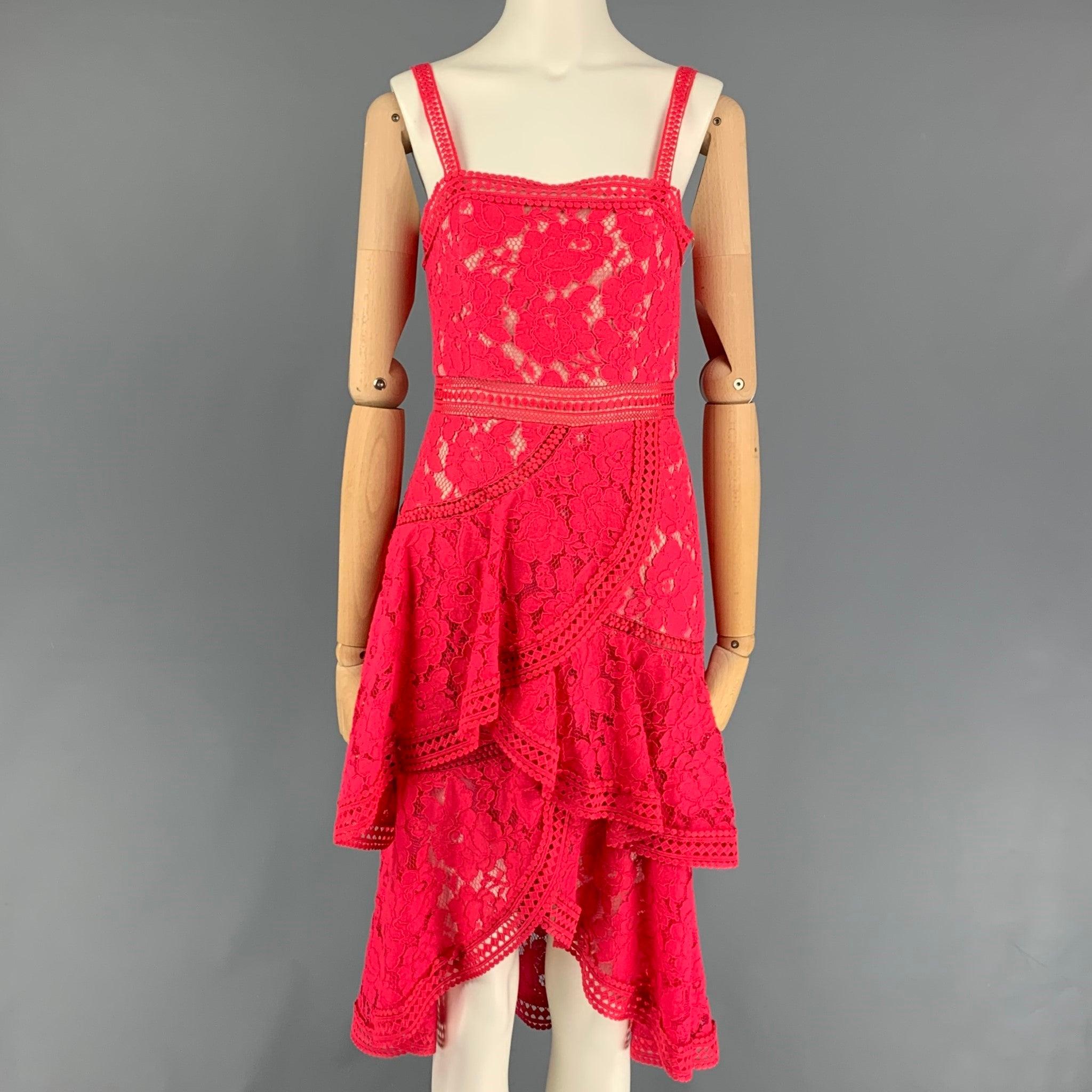 ALICE + OLIVIA dress comes in a raspberry eyelet cotton / nylon with a slip line featuring an a-line style and a back zip up closure.
Very Good
Pre-Owned Condition. Fabric tag removed.  

Marked:   0 

Measurements: 
  Bust: 28 inches  Waist: 26