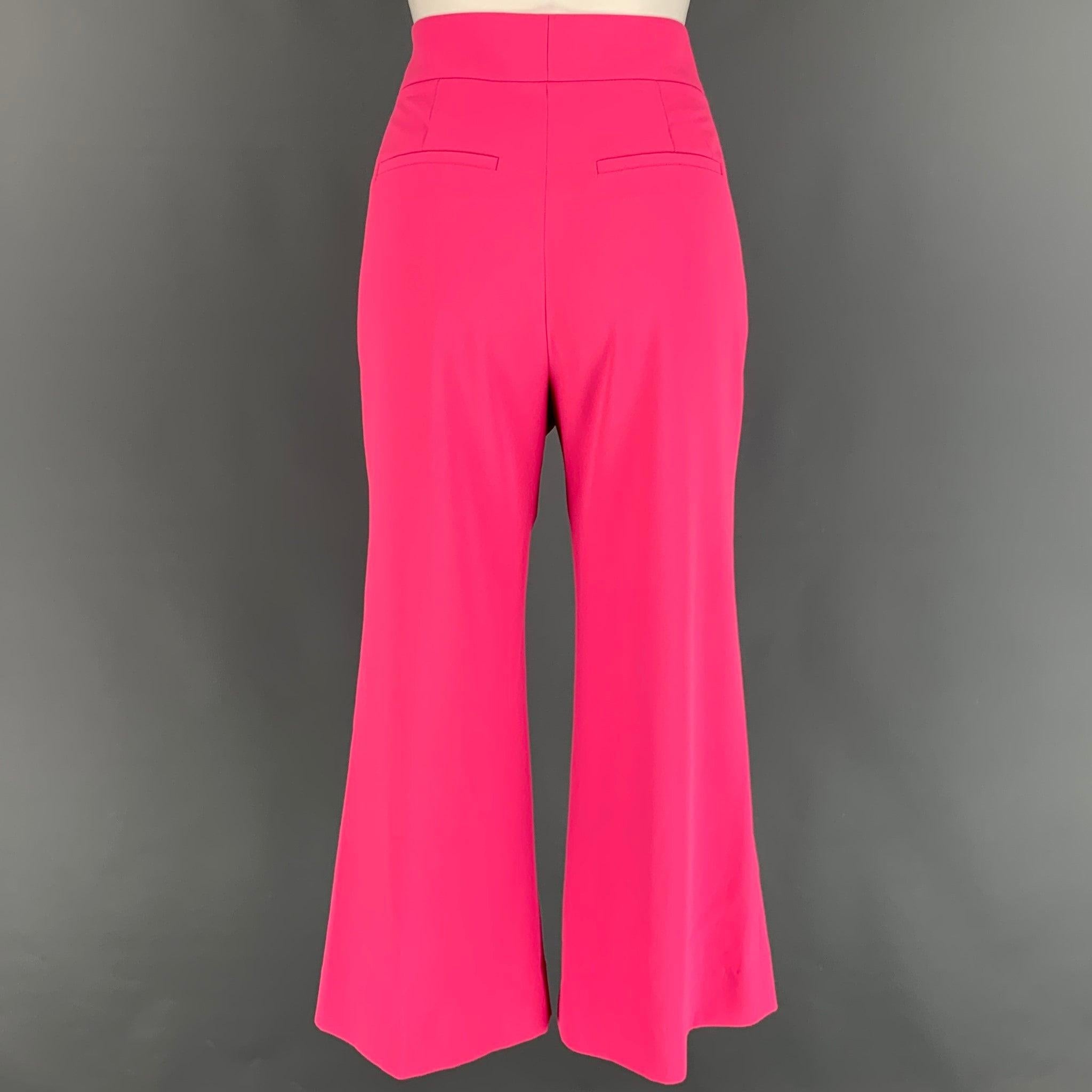 ALICE + OLIVIA dress pants comes in a pink polyester featuring a cropped leg, front tab, and a zip fly closure. Very Good
 Pre-Owned Condition. 
 

 Marked:  2 
 

 Measurements: 
  Waist: 26 inches Rise: 11.5 inches Inseam: 24.5 inches 
  
  
  
