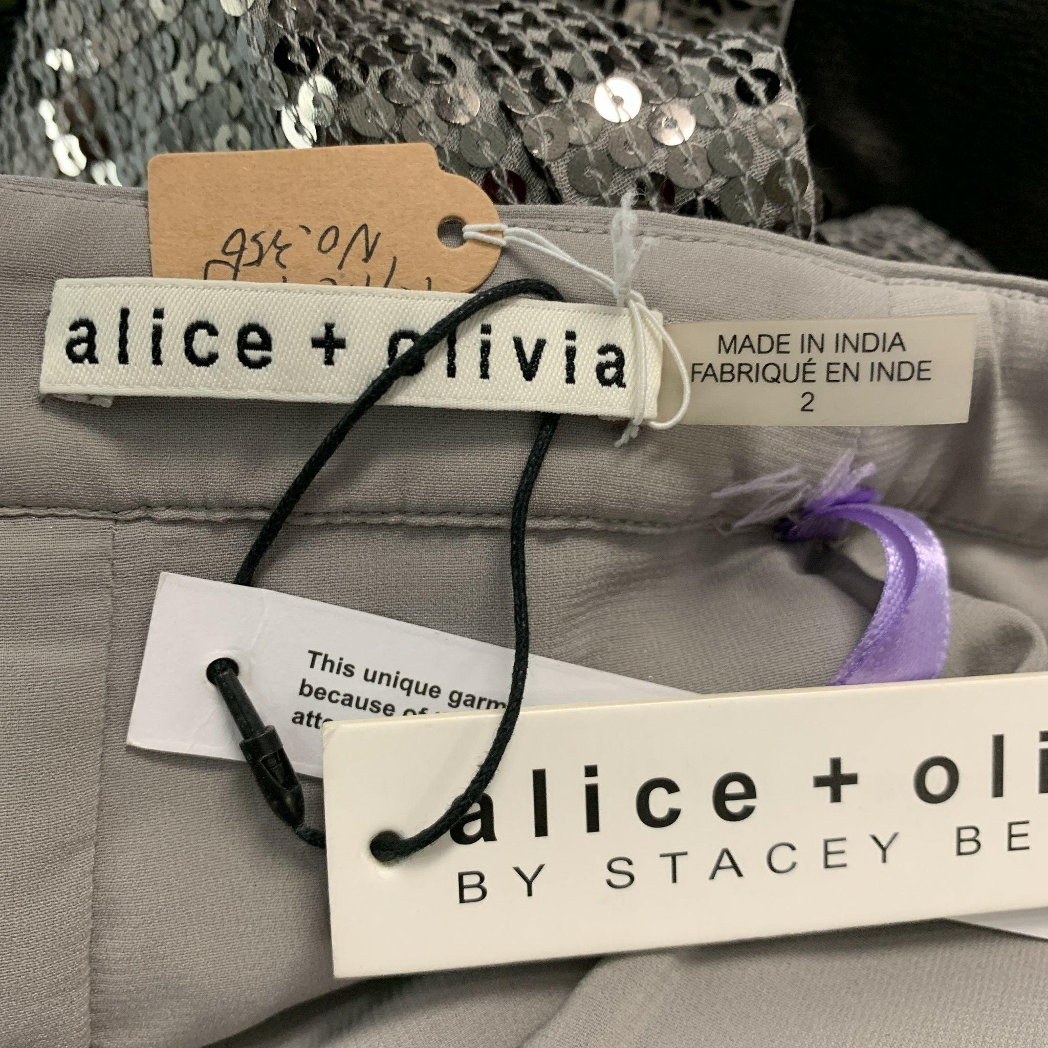 ALICE + OLIVIA Größe 2 Silberfarbener Viskose-Bleistiftrock mit Paillettenbesatz im Angebot 1
