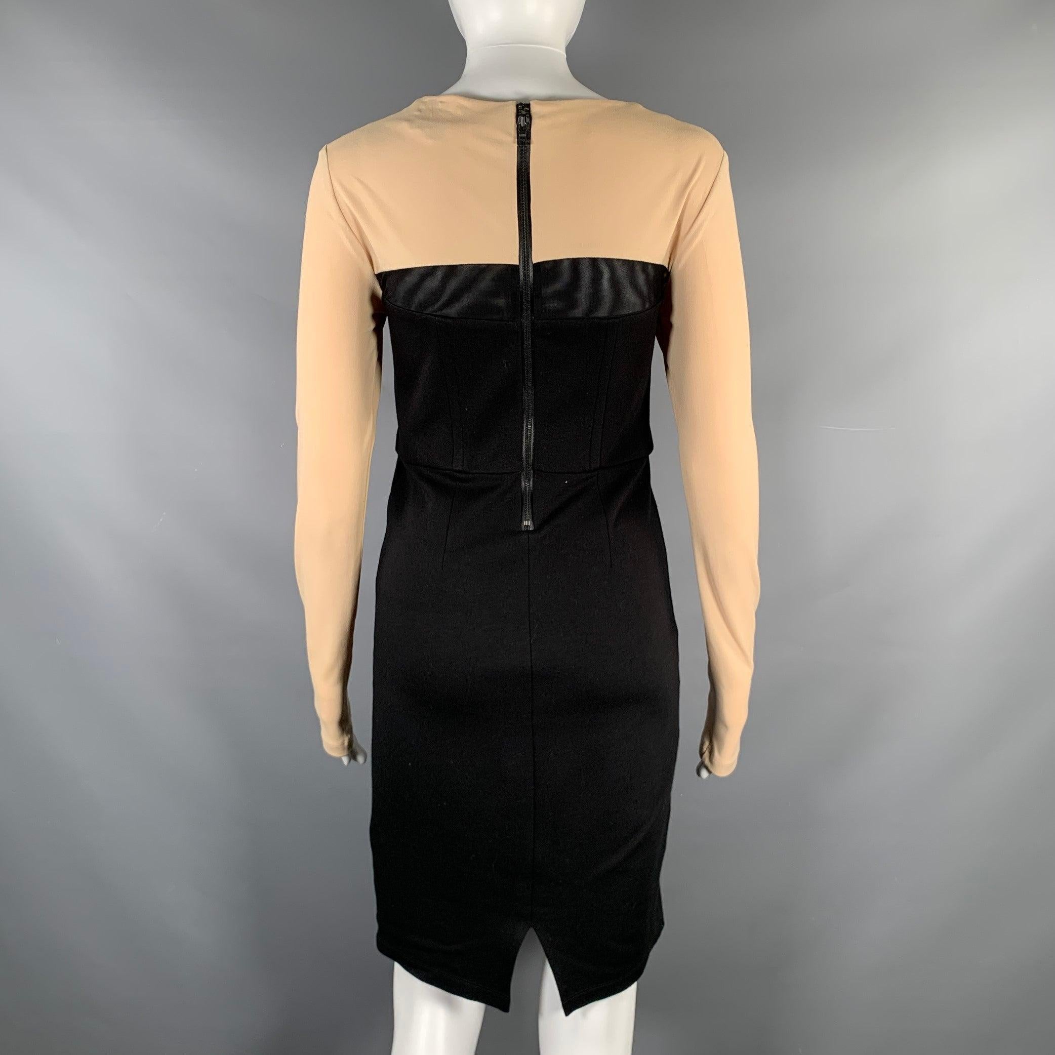 ALICE + OLIVIA Size 6 Black Nude Rayon Blend Color Block Long Sleeve Dress In Good Condition For Sale In San Francisco, CA