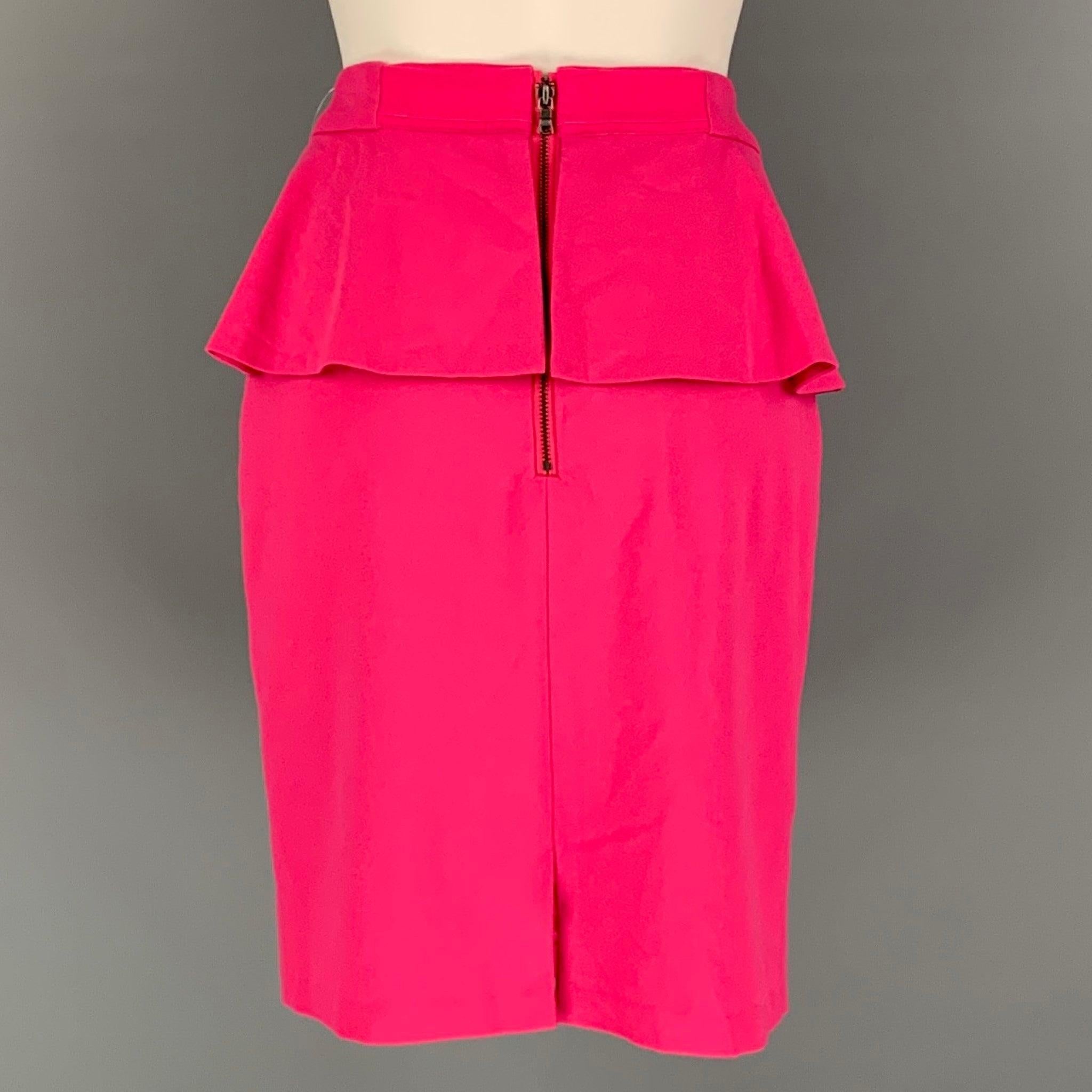 ALICE + OLIVIA skirt comes in a pink polyester blend knit material featuring peplum style, and zip up closure at center back.Excellent Pre-Owned Condition. 

Marked:   8 

Measurements: 
  Waist: 30.5 inHip: 40 inches Length: 21 inches 
 
 

  
  
