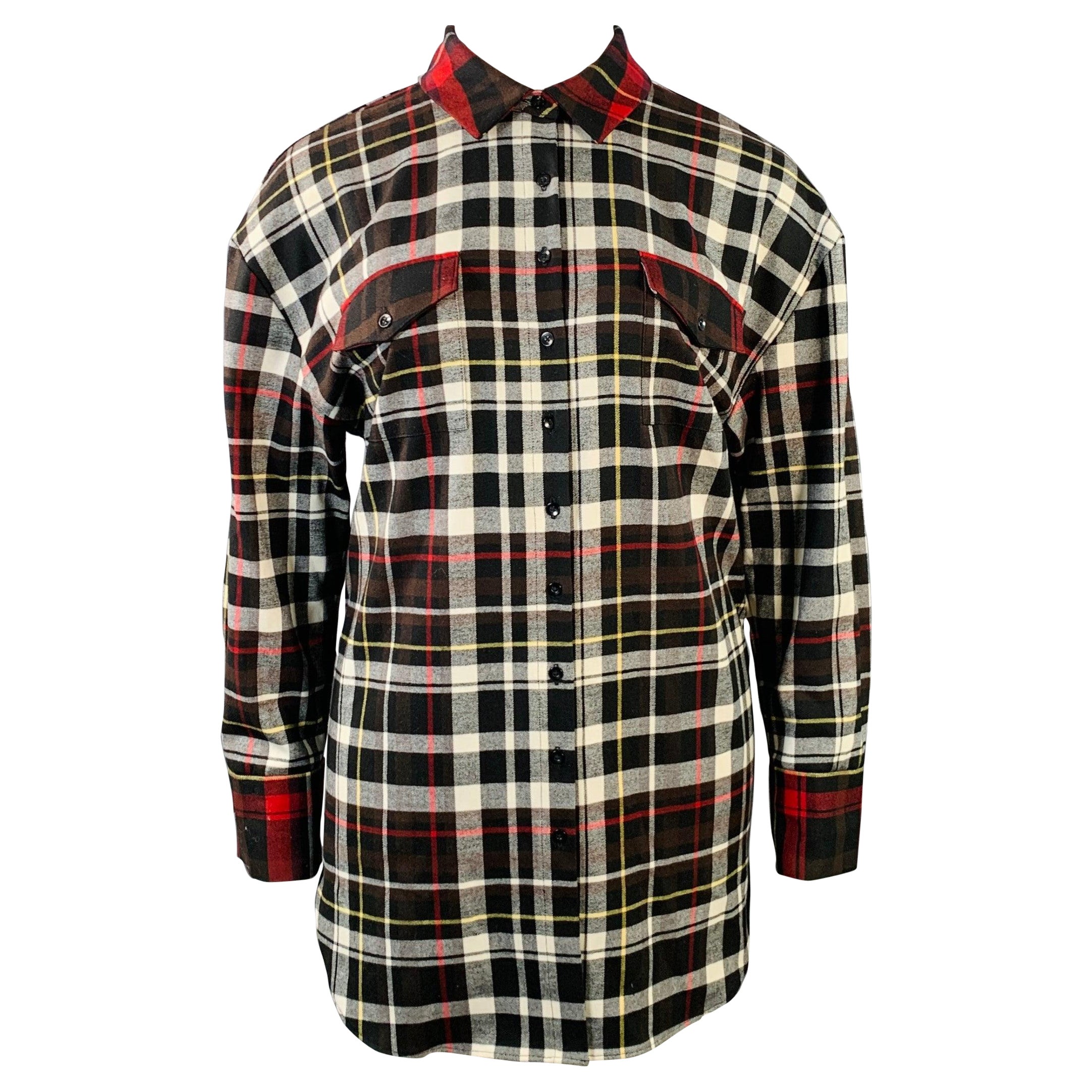 ALICE + OLIVIA Size L Black Red White Polyester Blend Plaid Button Up Shirt