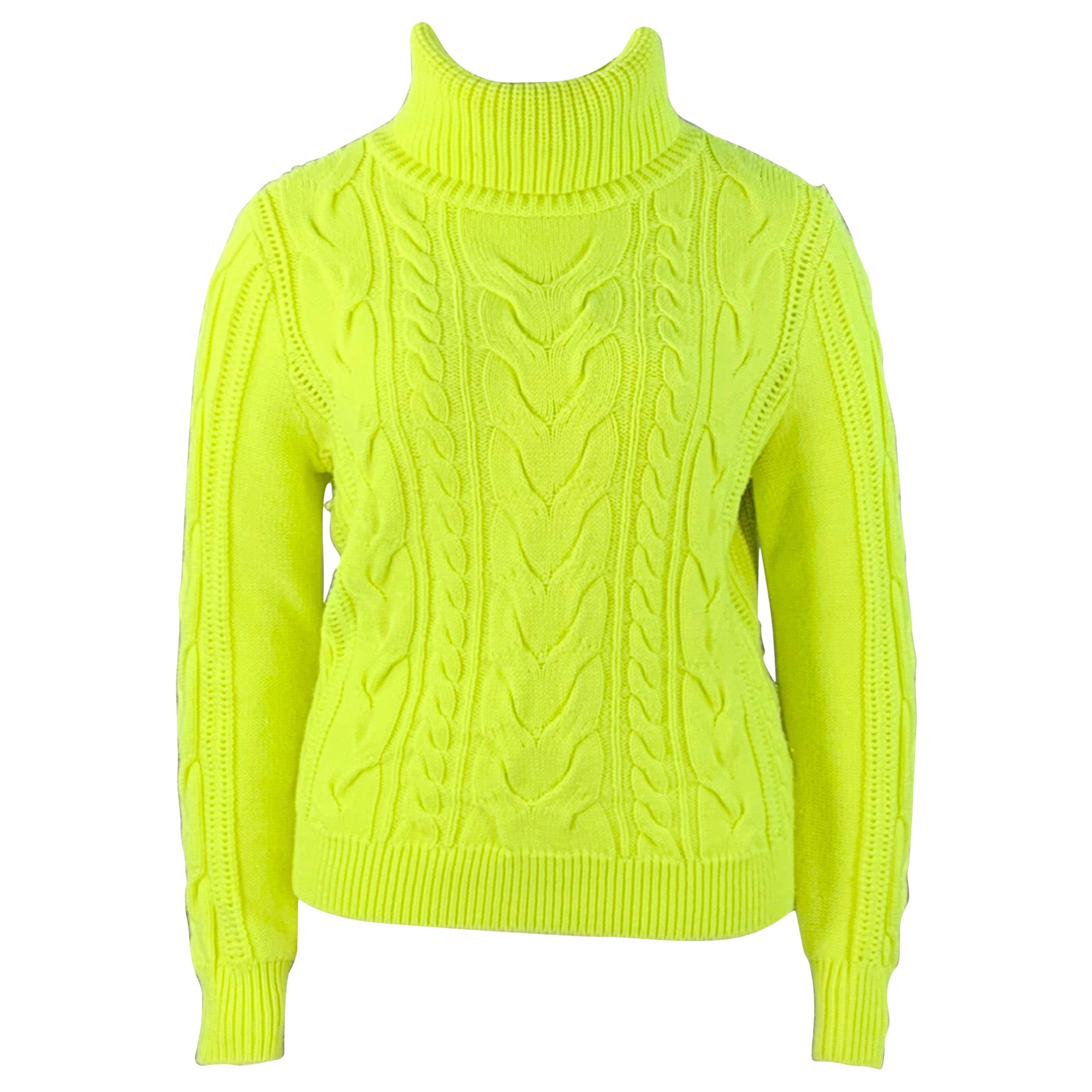 ALICE + OLIVIA Taglia L Maglione a collo alto in misto lana giallo neon e maglia a cavo in vendita