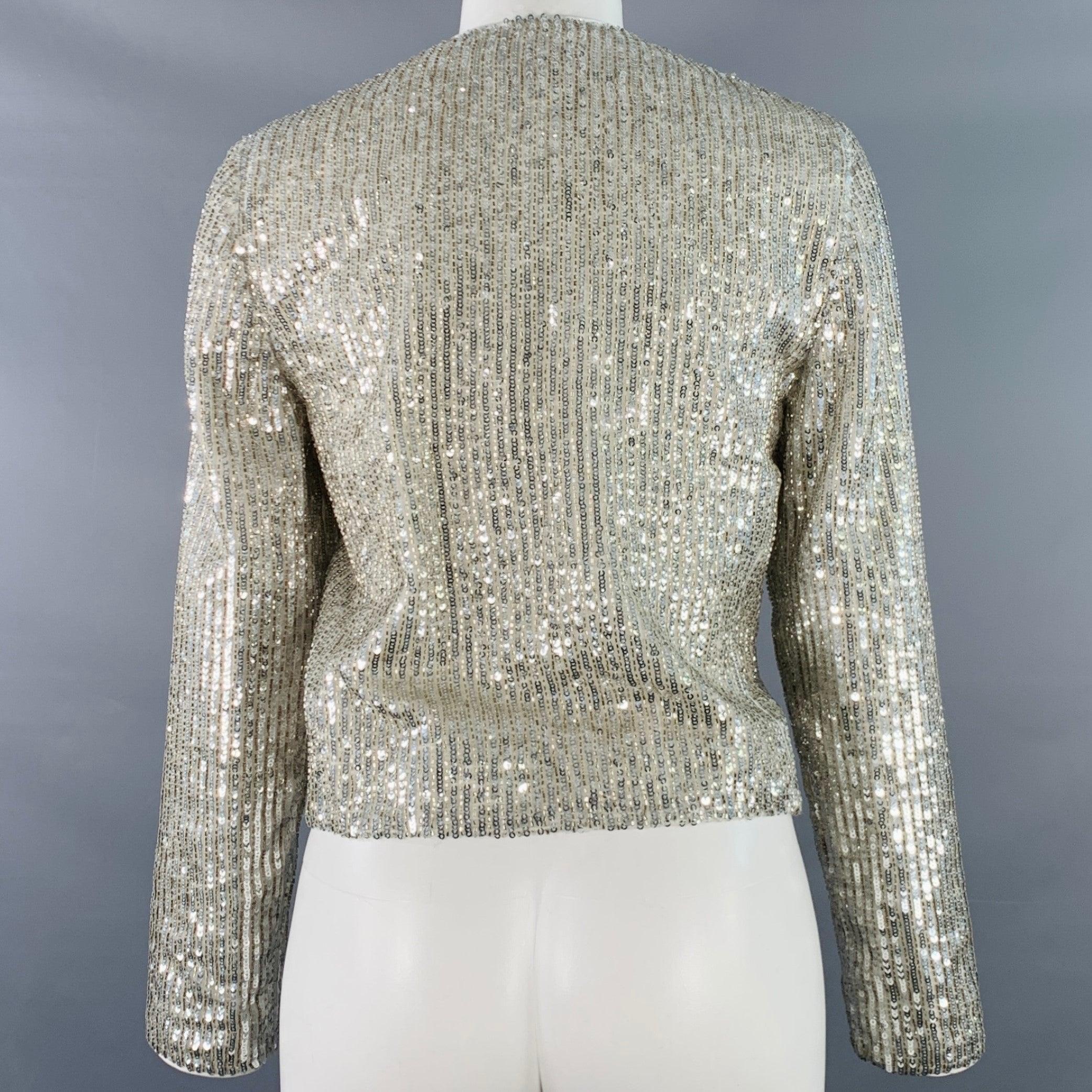ALICE + OLIVIA Size S Silver Polyester Sequined Stripe Jacket Blazer Excellent état - En vente à San Francisco, CA