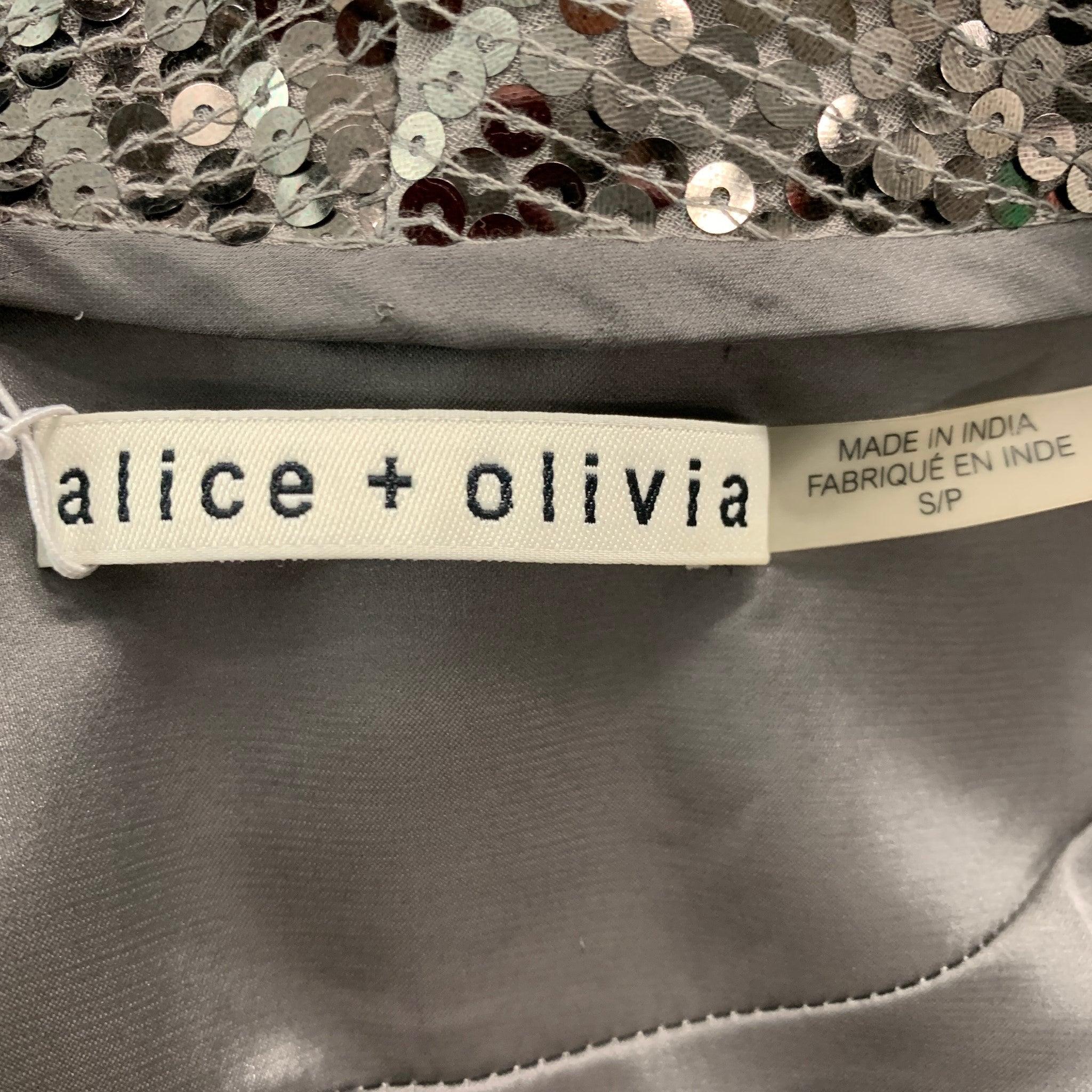 ALICE + OLIVIA Size S Silver Viscose Sequined Open Front Coat For Sale 1