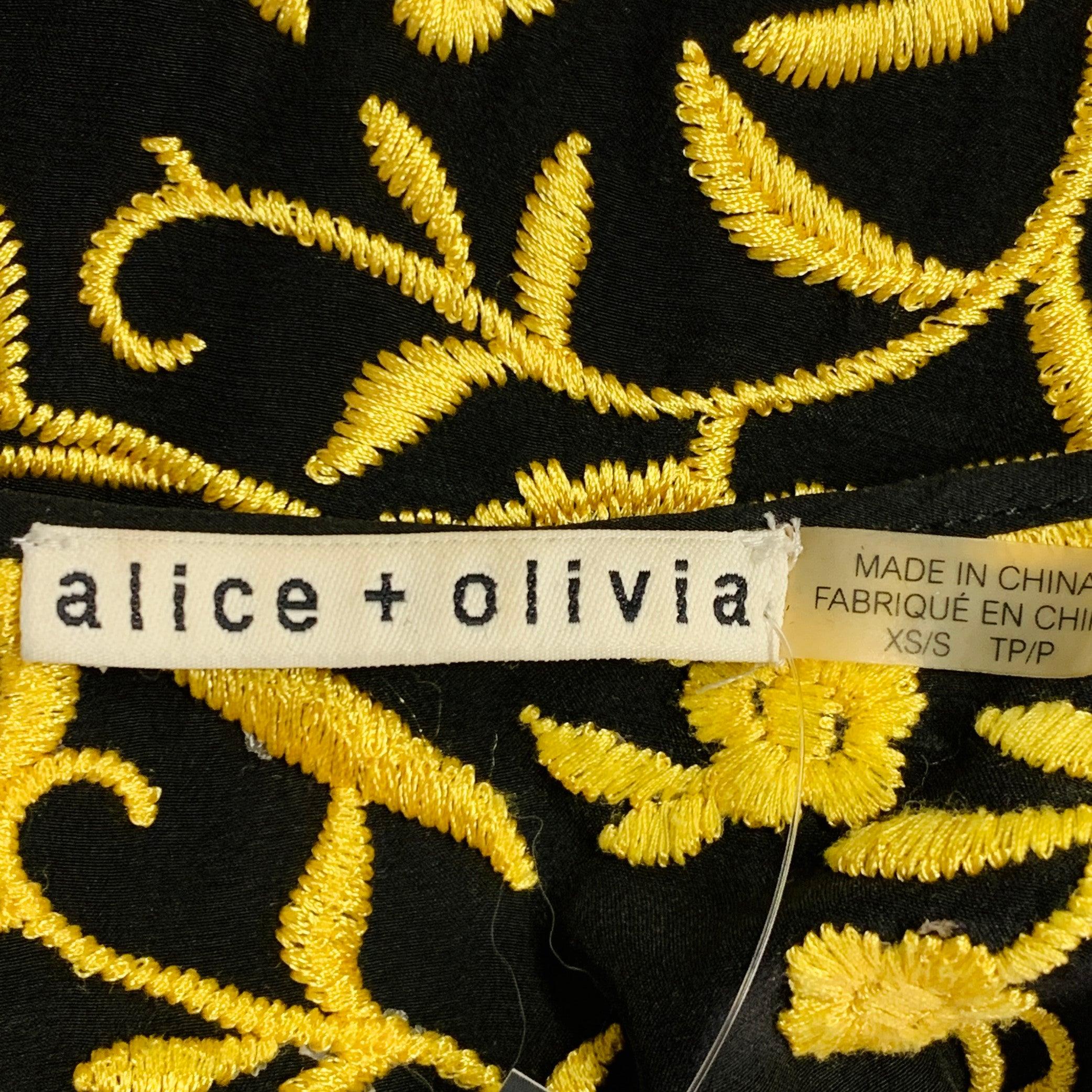ALICE + OLIVIA Size XS/S Black Yellow Silk Embroidered Open Front Fringe Coat (Manteau à franges ouvert sur le devant) en vente 5