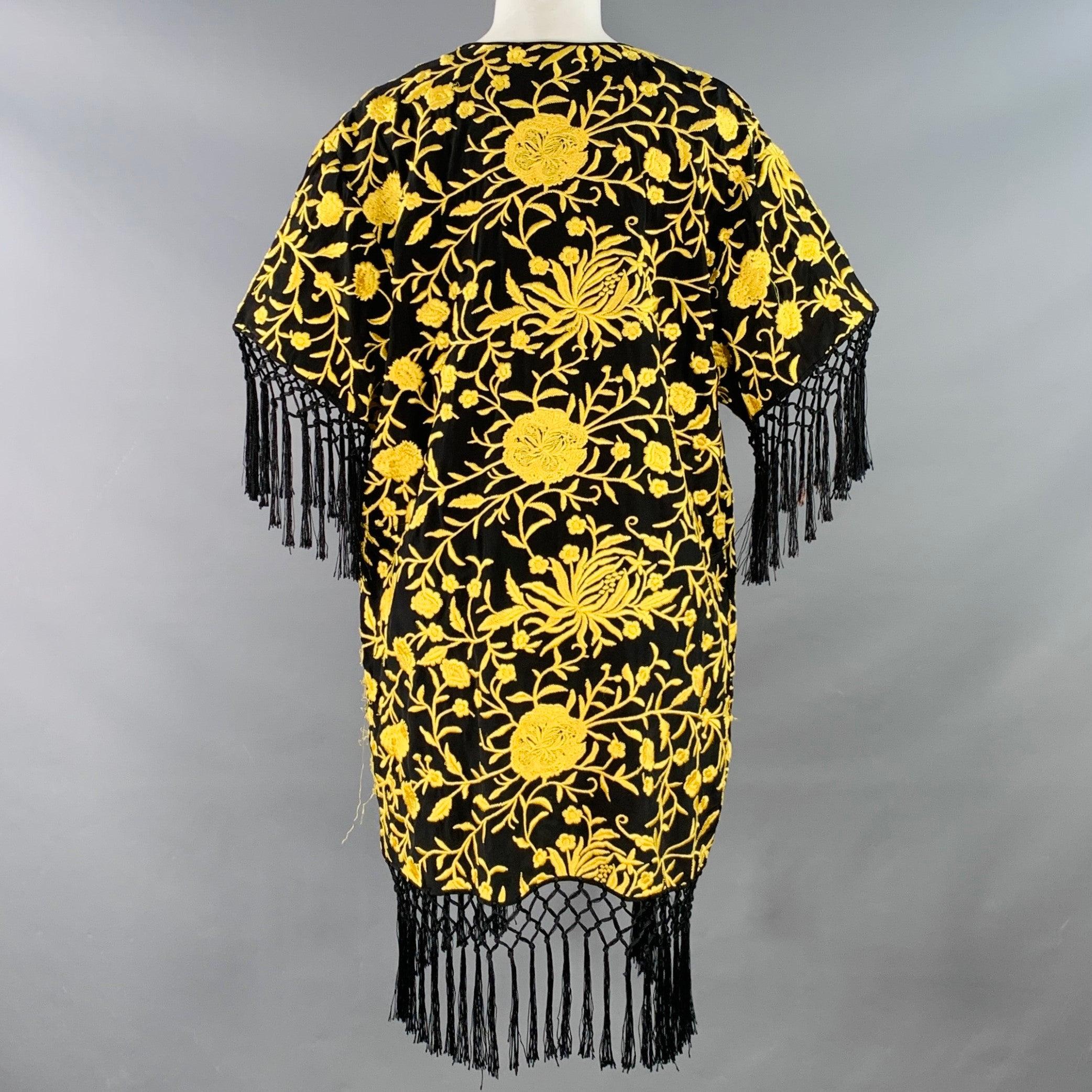 ALICE + OLIVIA Size XS/S Black Yellow Silk Embroidered Open Front Fringe Coat (Manteau à franges ouvert sur le devant) Bon état - En vente à San Francisco, CA