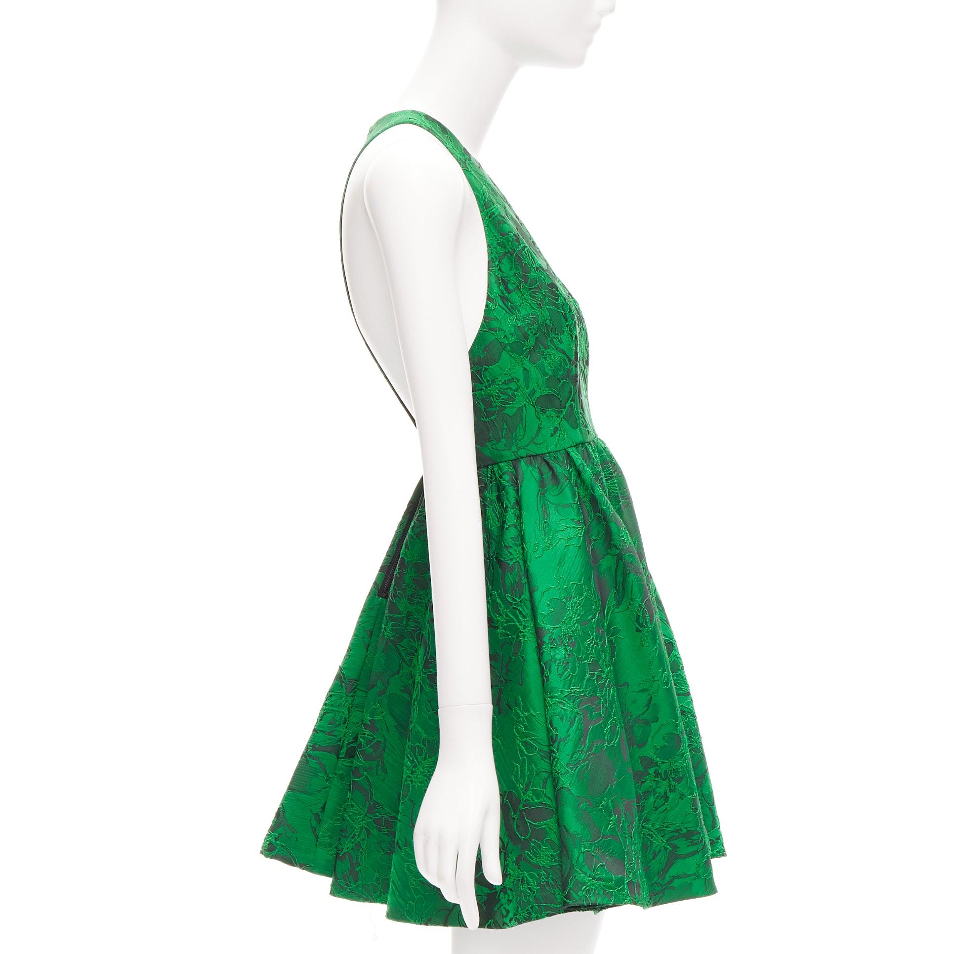 Green ALICE OLIVIA Tevin green lace jacquard sleeveless flared cocktail dress US0 XS For Sale