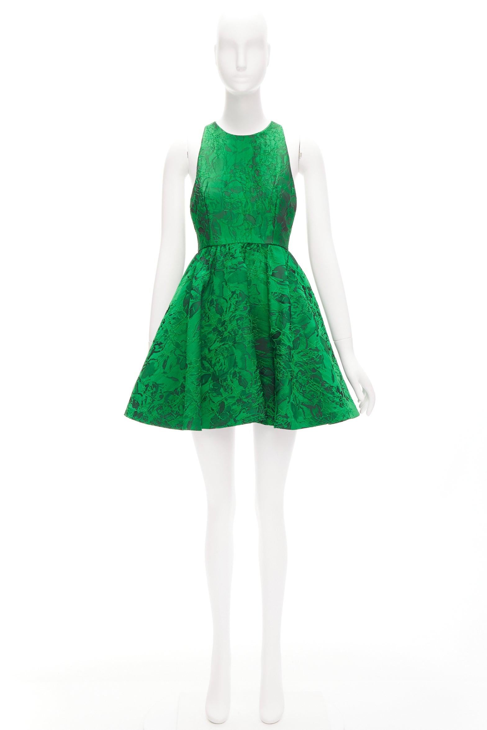 ALICE OLIVIA Tevin green lace jacquard sleeveless flared cocktail dress US0 XS For Sale 4