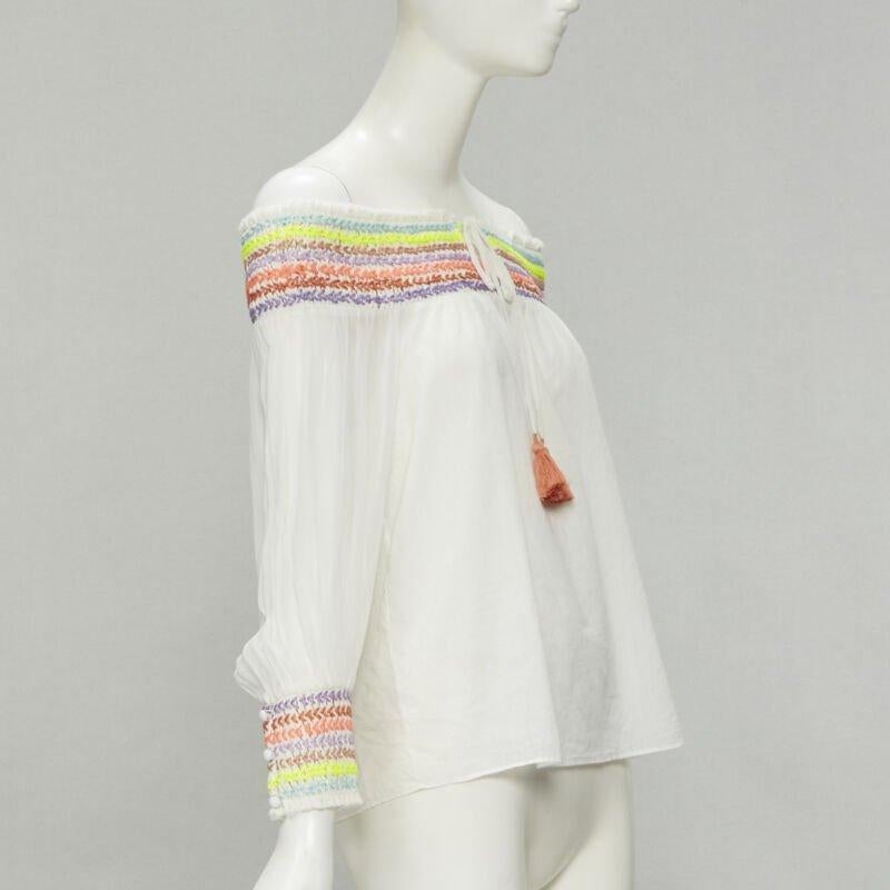 Gray ALICE OLIVIA white cotton neon braid embroidery off shoulder top S For Sale