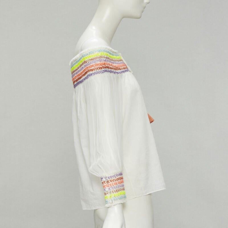 ALICE OLIVIA white cotton neon braid embroidery off shoulder top S In Excellent Condition For Sale In Hong Kong, NT