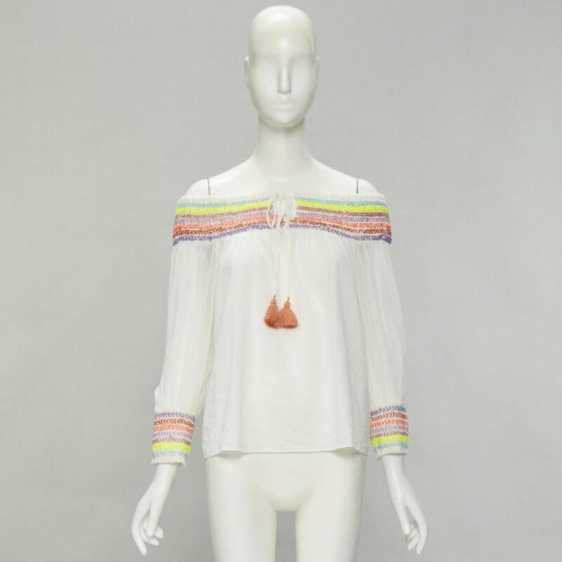 ALICE OLIVIA white cotton neon braid embroidery off shoulder top S For Sale 4