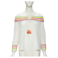 ALICE OLIVIA white cotton neon braid embroidery off shoulder top S