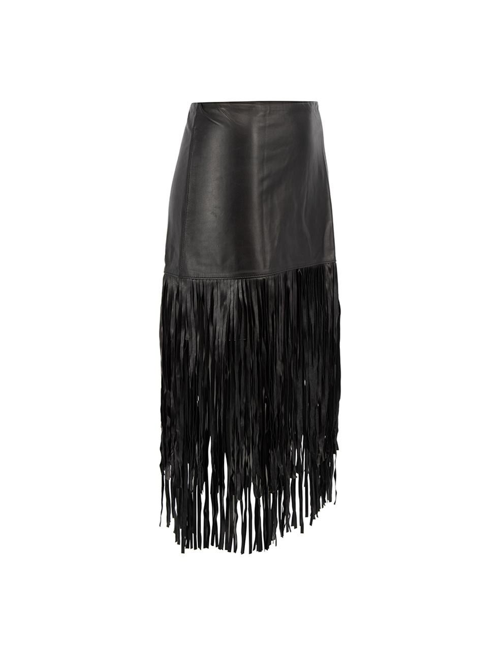 CONDITION is Very good. Minimal wear to skirt is evident. Minimal wear to the leather exterior on this used Alice + Olivia designer resale item.   Details  Black Leather Mini skirt Two layers of tassels from hemline Back zip closure with hook and