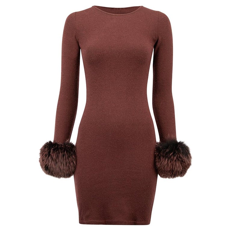Alice and Olivia Women's Burgundy Fur Cuffed Mini Dress For Sale at 1stDibs