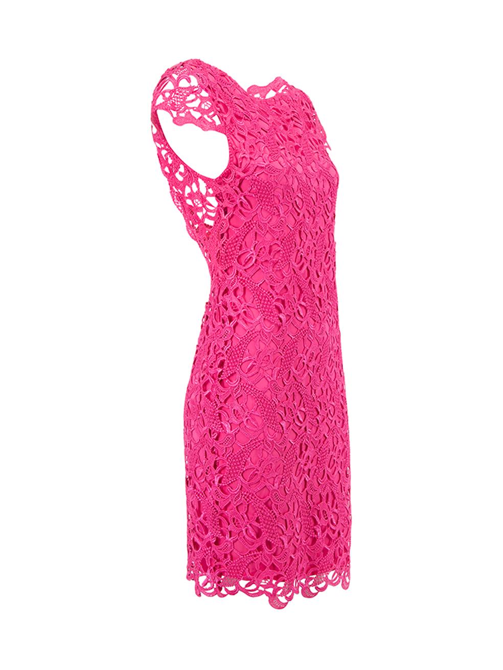 CONDITION is Very good. Minimal wear to dress is evident. Minimal loose threads around the neckline on this used Alice + Olivia designer resale item. 
 
 Details
  Pink
 Lace
 Mini dress
 Round neckline
 Short cap sleeves
 Open back
 Button and zip