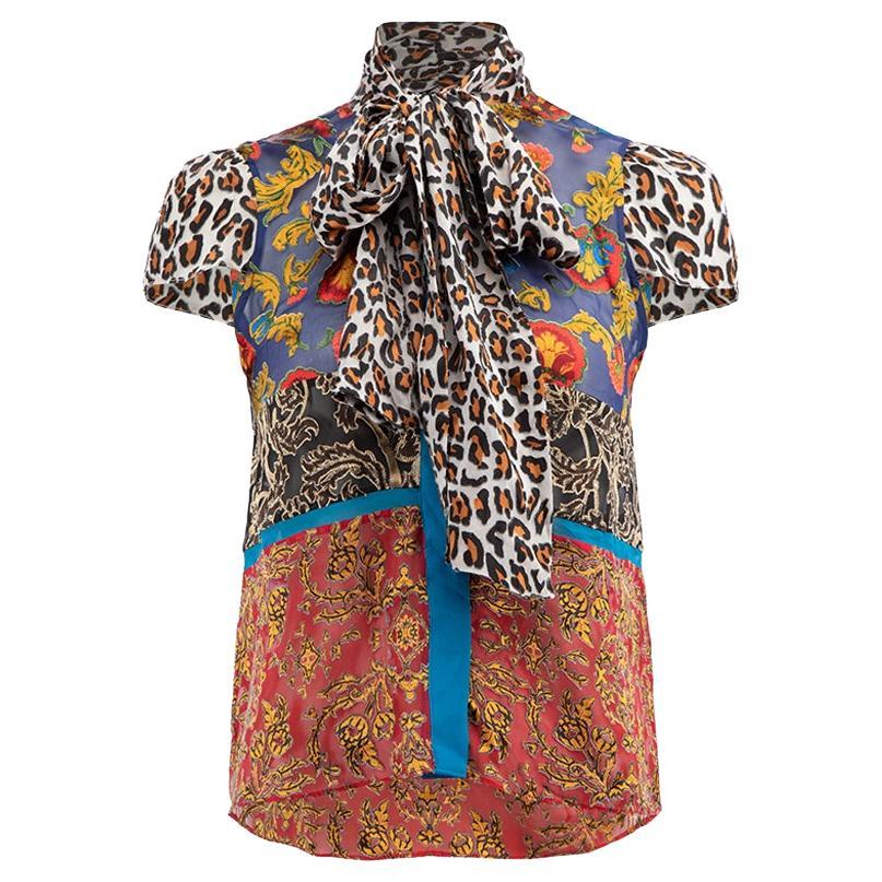 Alice & Olivia Women's Printed Tie Neck Cap Sleeves Blouse