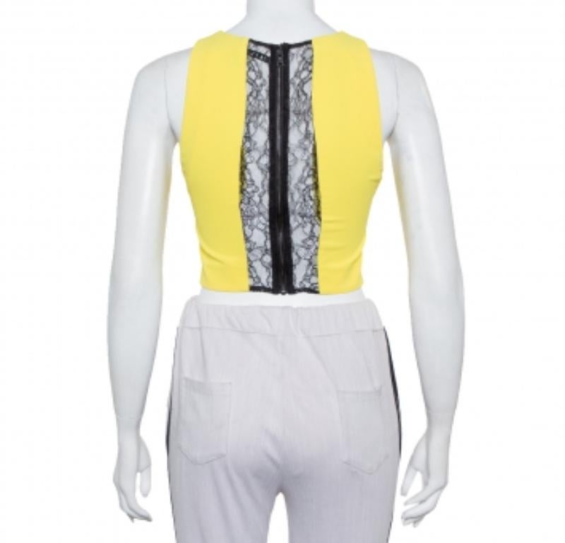 Gray Alice + Olivia Yellow Crepe Lace Trim Detail Sleeveless Poppy Crop Top XS For Sale