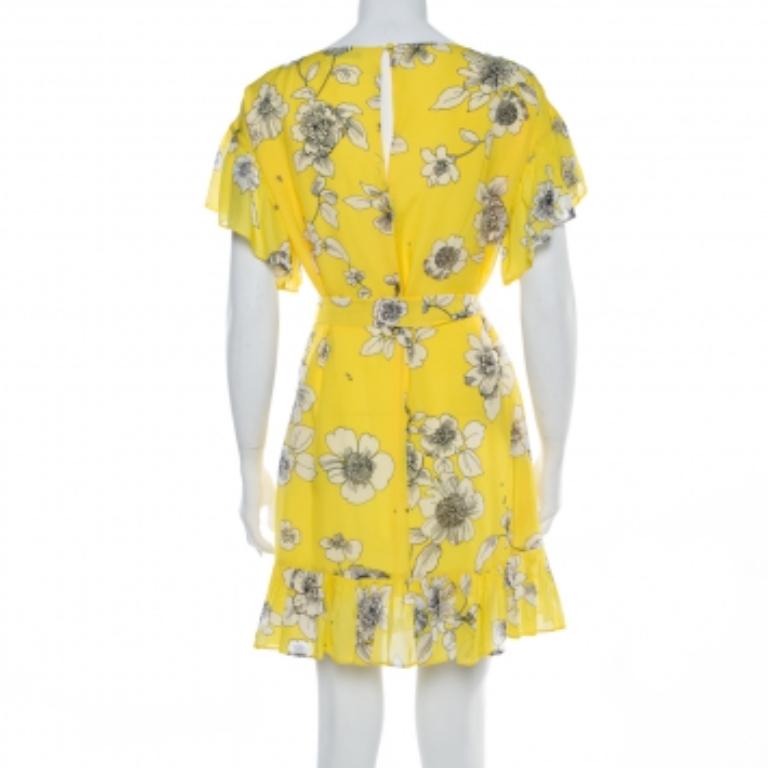 Alice + Olivia Yellow Floral Print Chiffon Ruffled Ellamae Dress XS In Excellent Condition For Sale In Dubai, Al Qouz 2