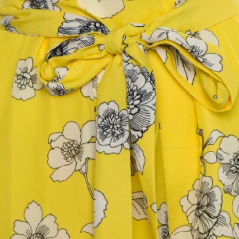 Women's Alice + Olivia Yellow Floral Print Chiffon Ruffled Ellamae Dress XS For Sale