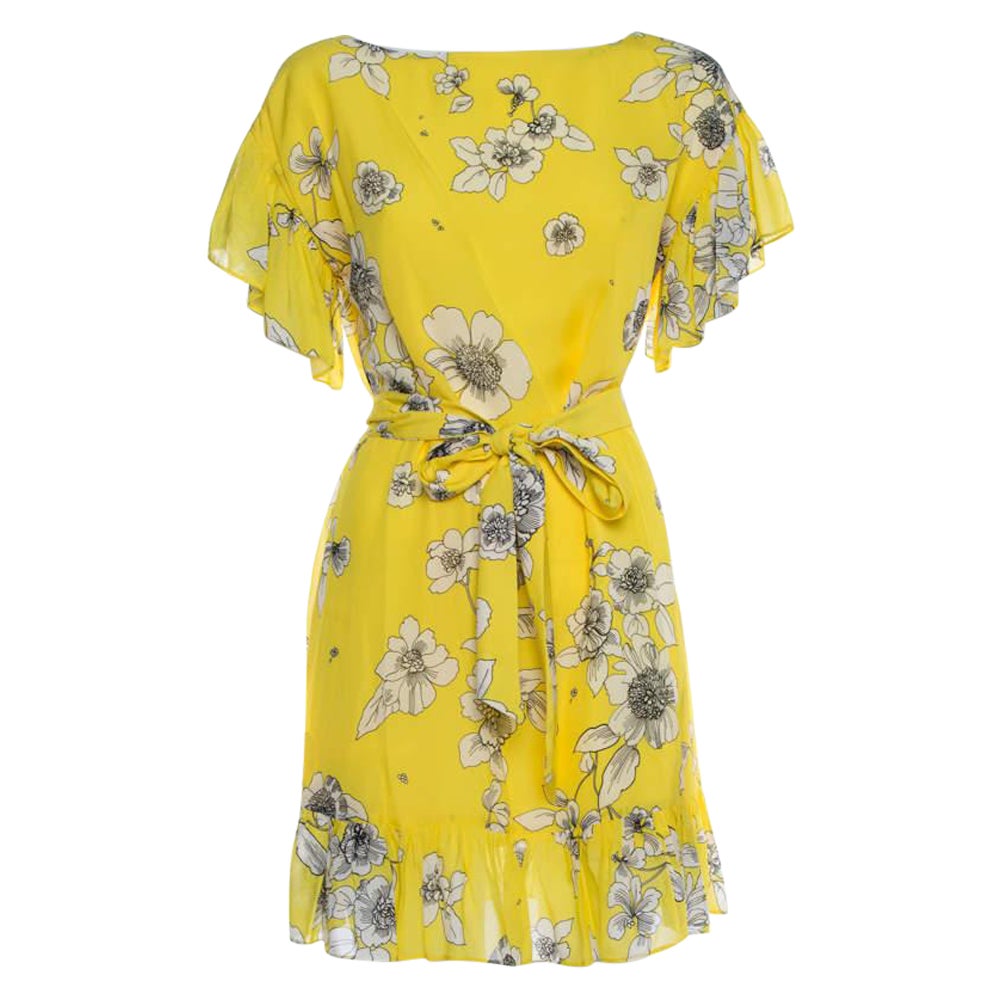 Alice + Olivia Yellow Floral Print Chiffon Ruffled Ellamae Dress XS