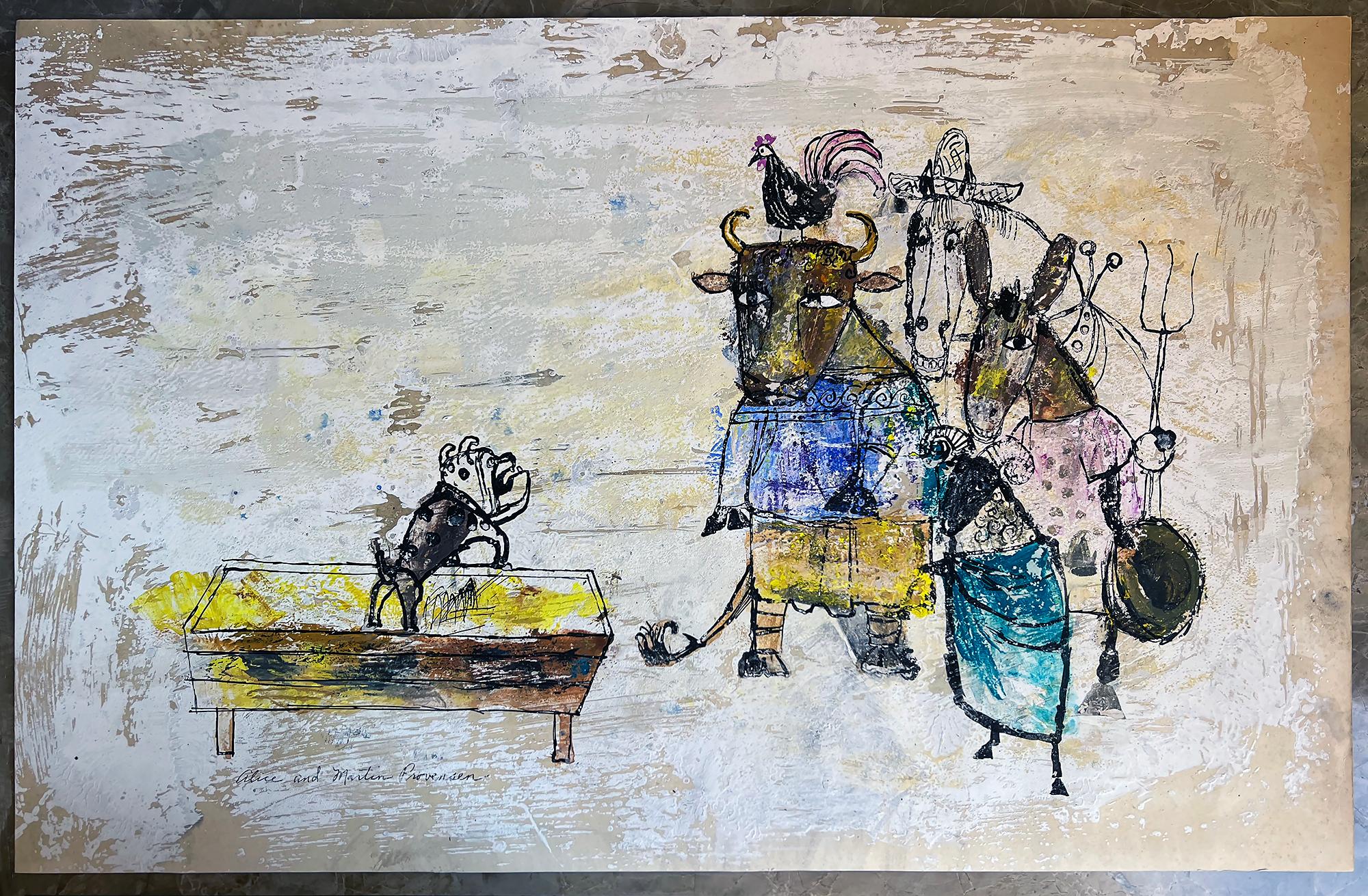 Bulldog Barks at Bull, Chicken, Goat, Horse and Donkey, Naive art - Gray Animal Painting by Alice Provensen 
