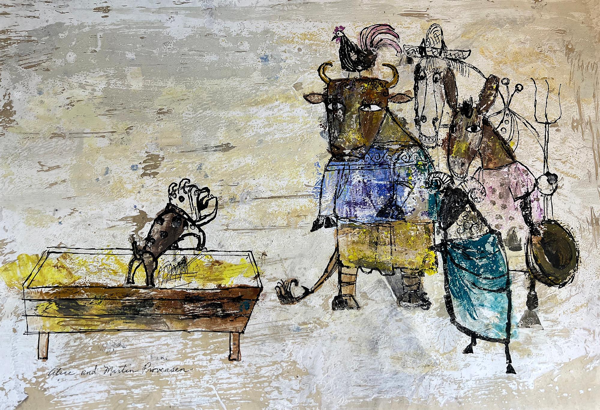 Alice Provensen  Animal Painting - Bulldog Barks at Bull, Chicken, Goat, Horse and Donkey, Naive art
