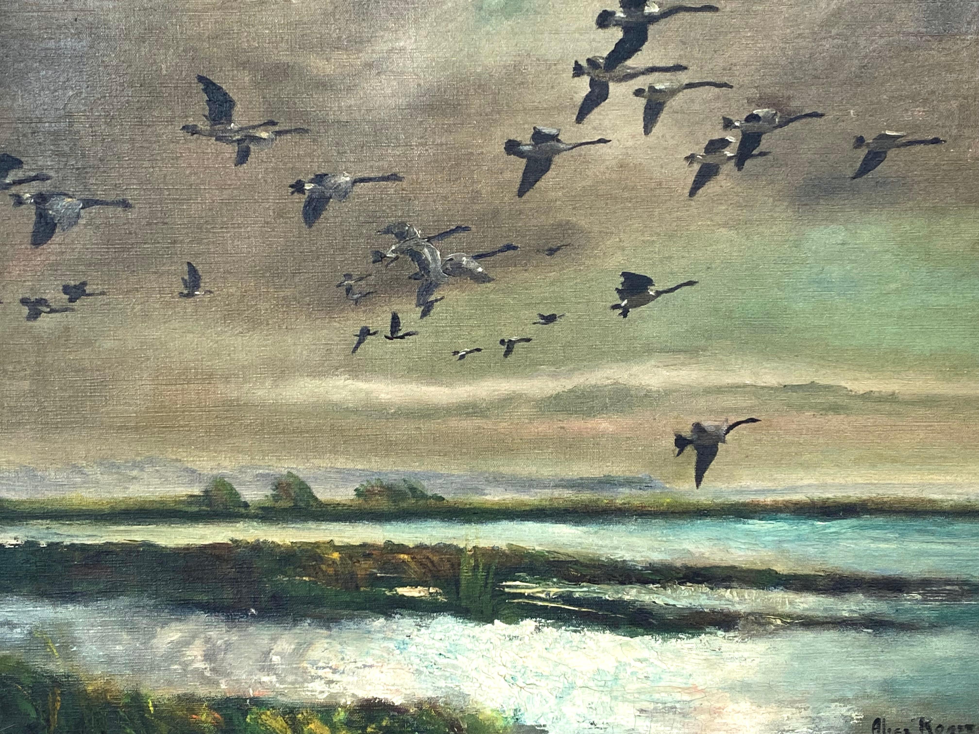 Original oil on canvas painting of Canadian geese flying south under a twilight sky.  Beautiful 
light reflection in the water below   Signed lower right and attributed to Alice Rogers (Young). Condition is very good, no issues. The painting is