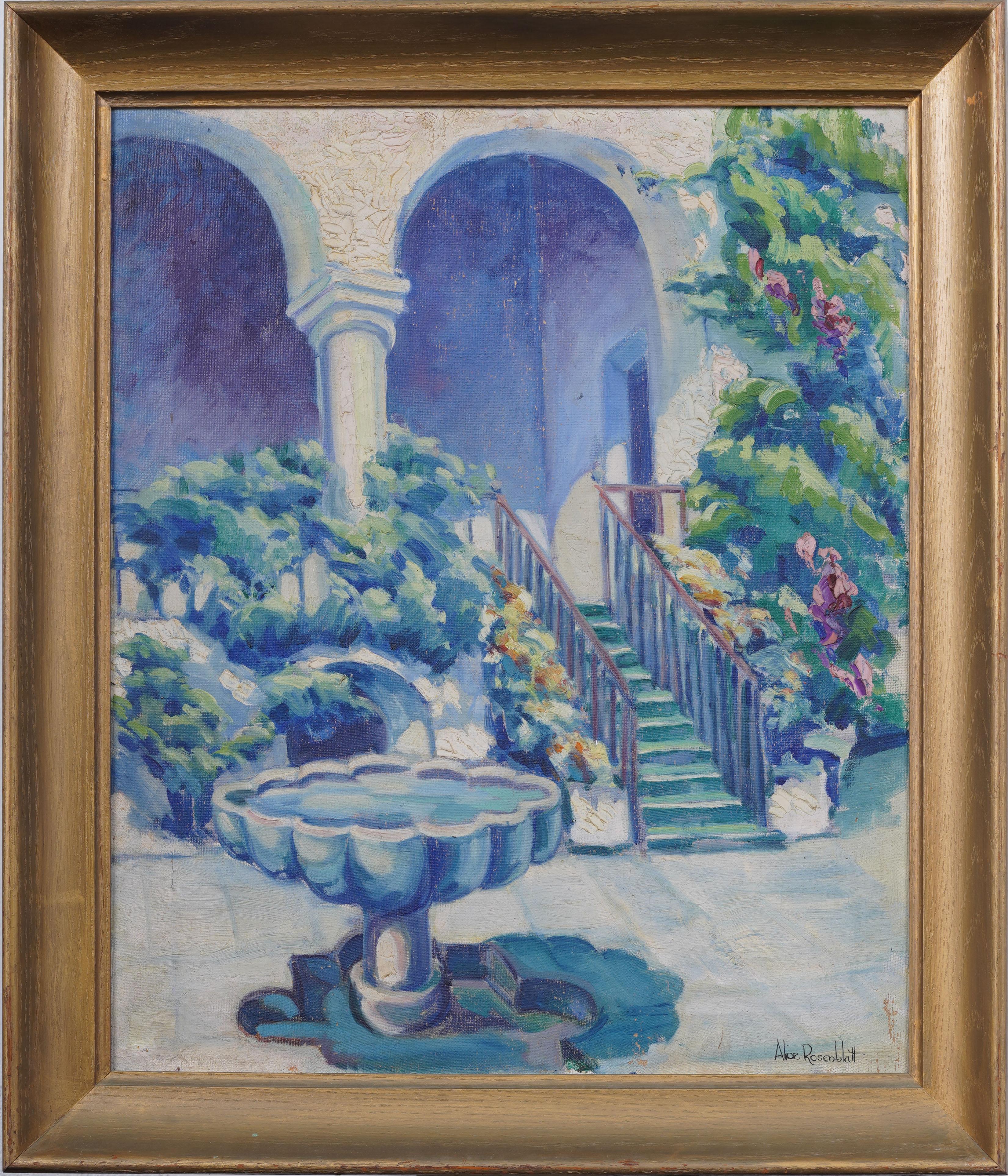 Alcazar de Séville Peinture à l'huile impressionniste ancienne, scène de jardin fleuri, encadrée - Painting de Alice Rosenblatt 