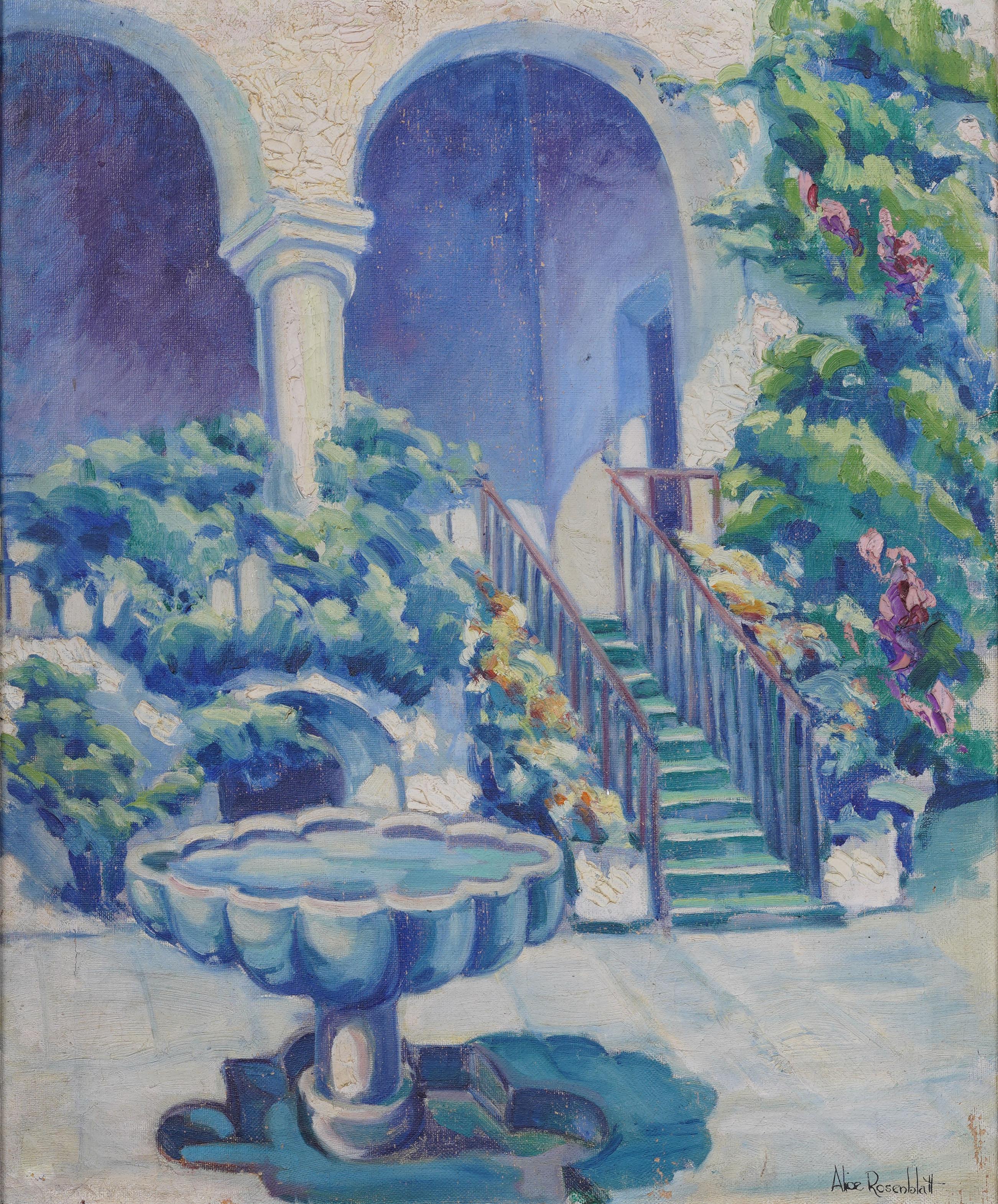 Alcazar de Séville Peinture à l'huile impressionniste ancienne, scène de jardin fleuri, encadrée - Impressionnisme Painting par Alice Rosenblatt 