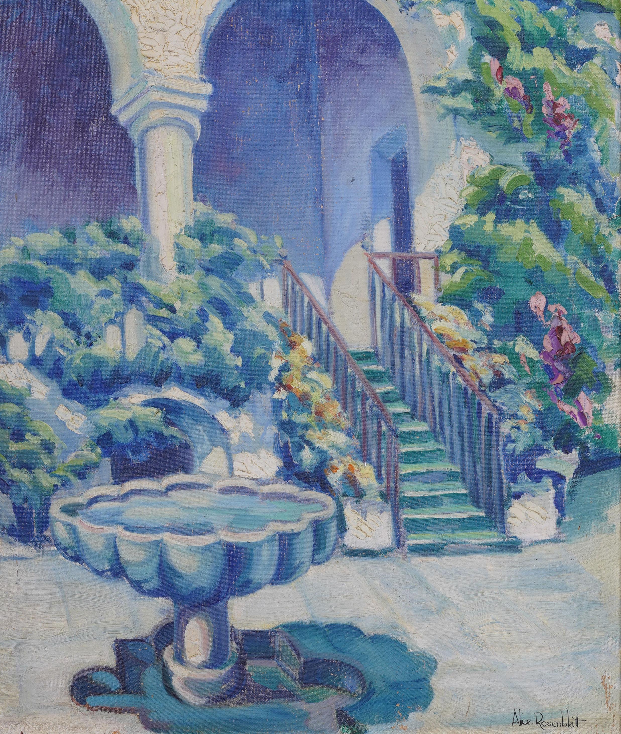 Alcazar de Séville Peinture à l'huile impressionniste ancienne, scène de jardin fleuri, encadrée - Gris Landscape Painting par Alice Rosenblatt 
