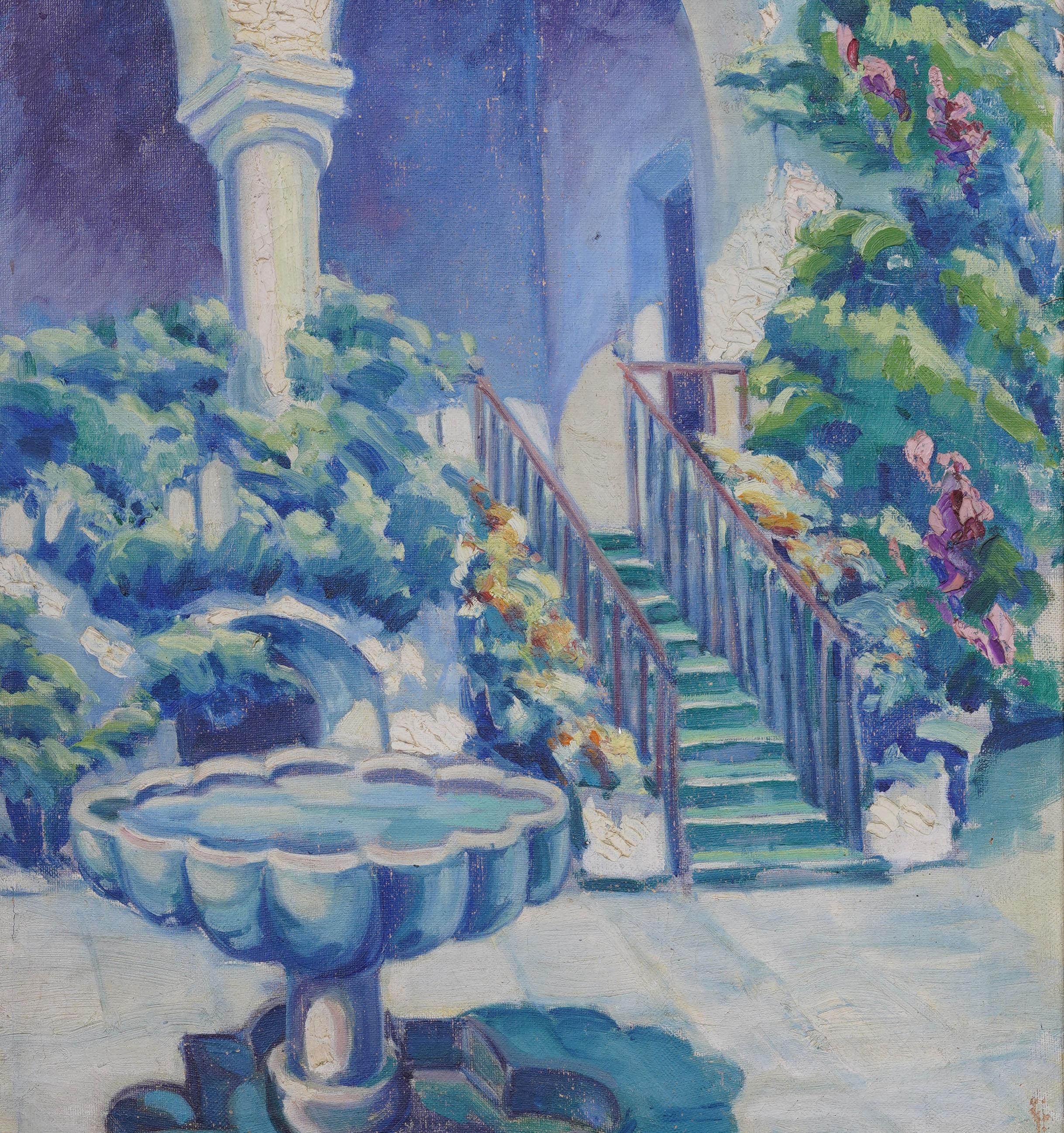 Vintage peinture à l'huile impressionniste américaine d'Alice Rosenblatt, paysage de jardin. Huile sur toile. Encadré. Dimensions : 29 par 25 pouces sur l'ensemble, et 24 par 20 pour la peinture seule.  Joliment encadré dans une moulure en bois doré