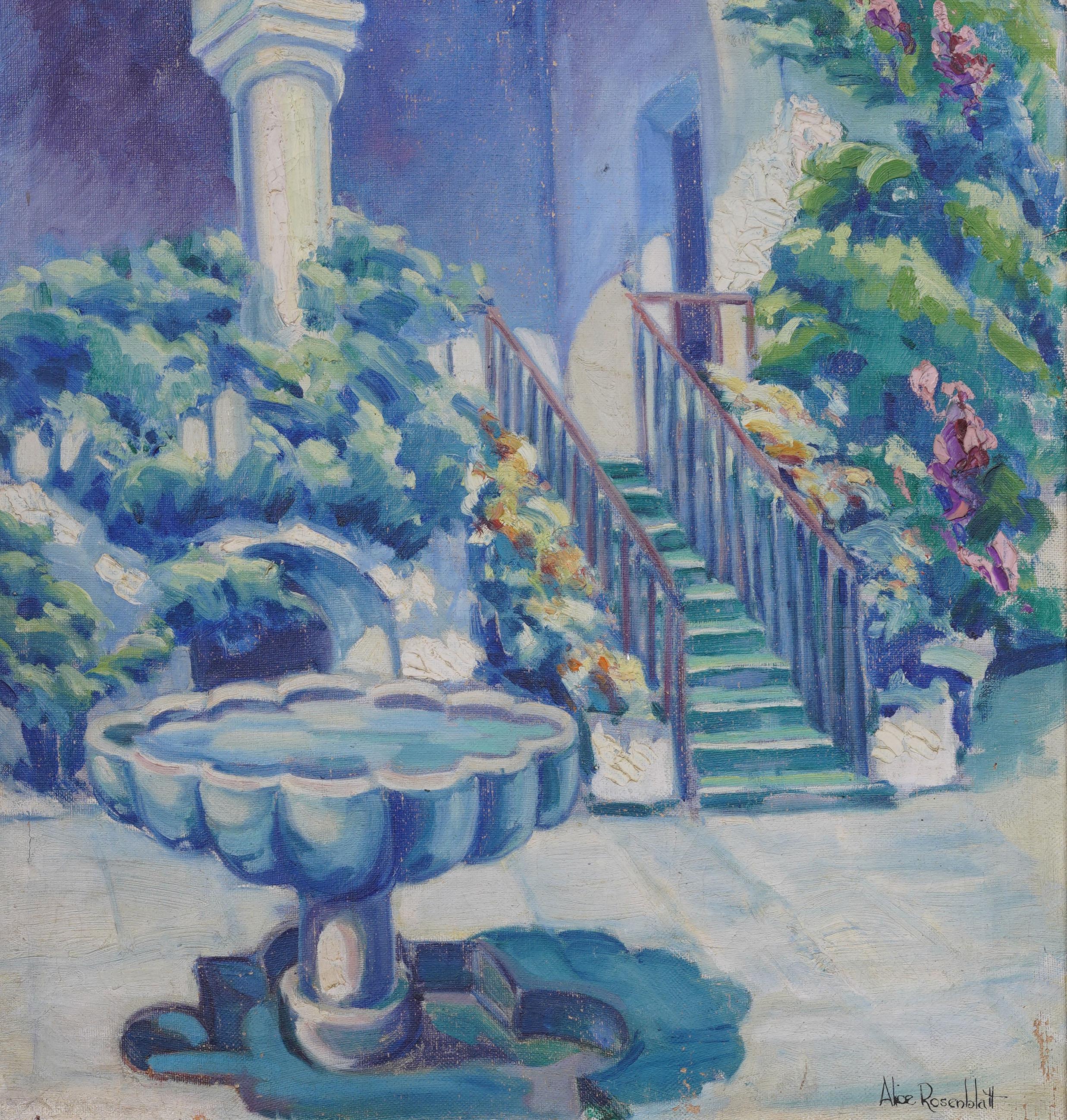 Alcazar de Séville Peinture à l'huile impressionniste ancienne, scène de jardin fleuri, encadrée en vente 1