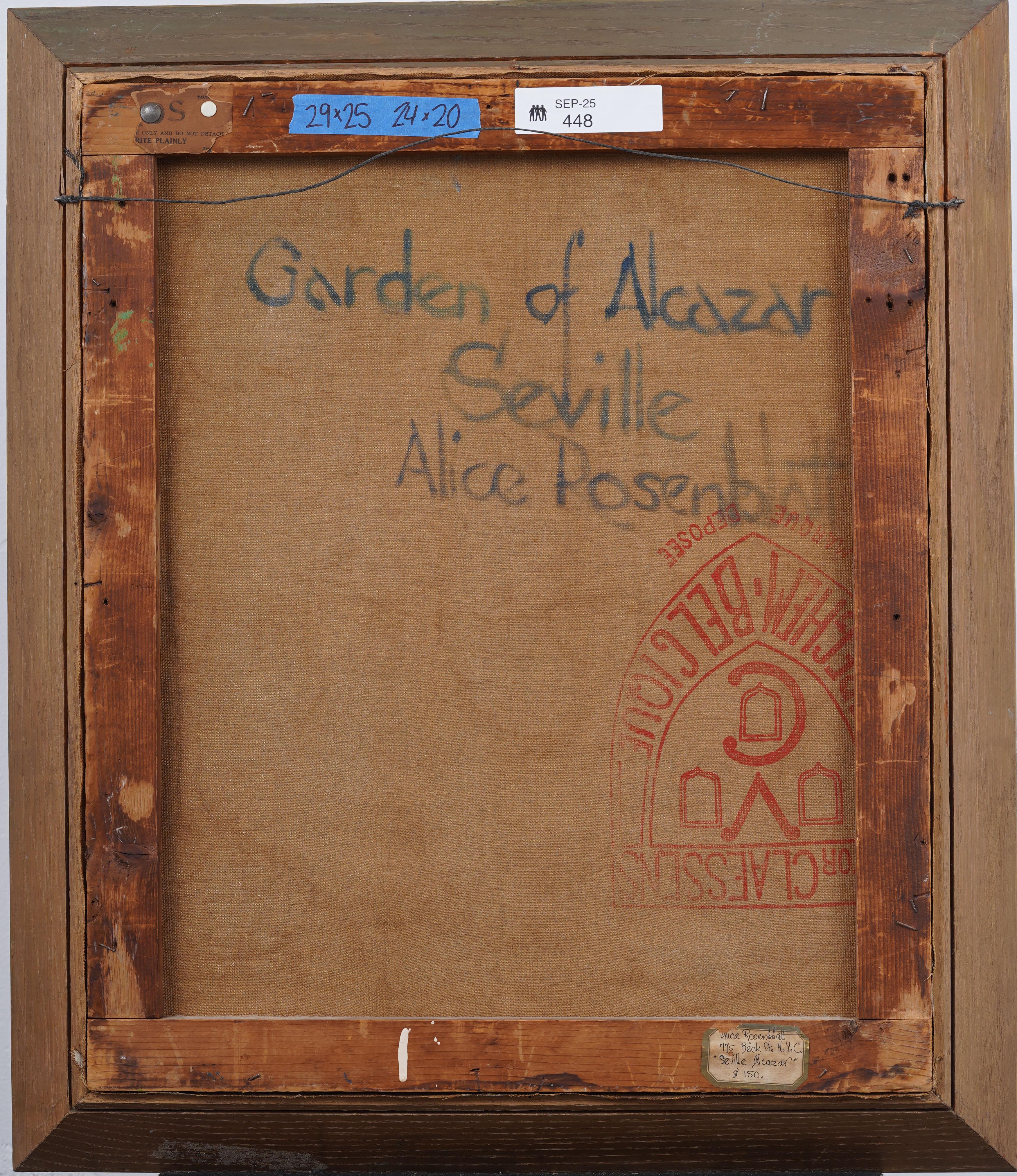 Alcazar de Séville Peinture à l'huile impressionniste ancienne, scène de jardin fleuri, encadrée en vente 3