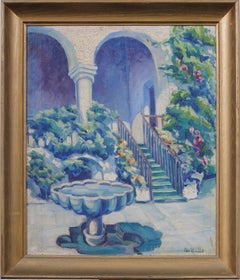 Alcazar of Seville Antique Impressionist Flower Garden Scene Framed Oil Painting