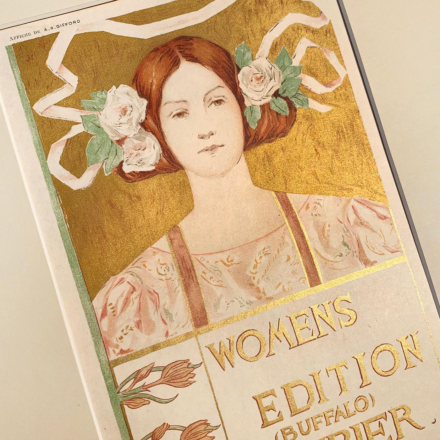 Alice Russell Glennys Women's Edition Buffalo Courier, Lithografie auf Japonpapier von 1897, hergestellt mit einer Platte aus Goldmetallic-Tinte.

Dieses Plakat wurde in verschiedenen Größen und Formaten gedruckt, doch diese Auflage von 25