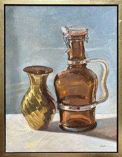Still Life With Glass Bottles (Modern Photorealistic Still Life Oil Painting)
