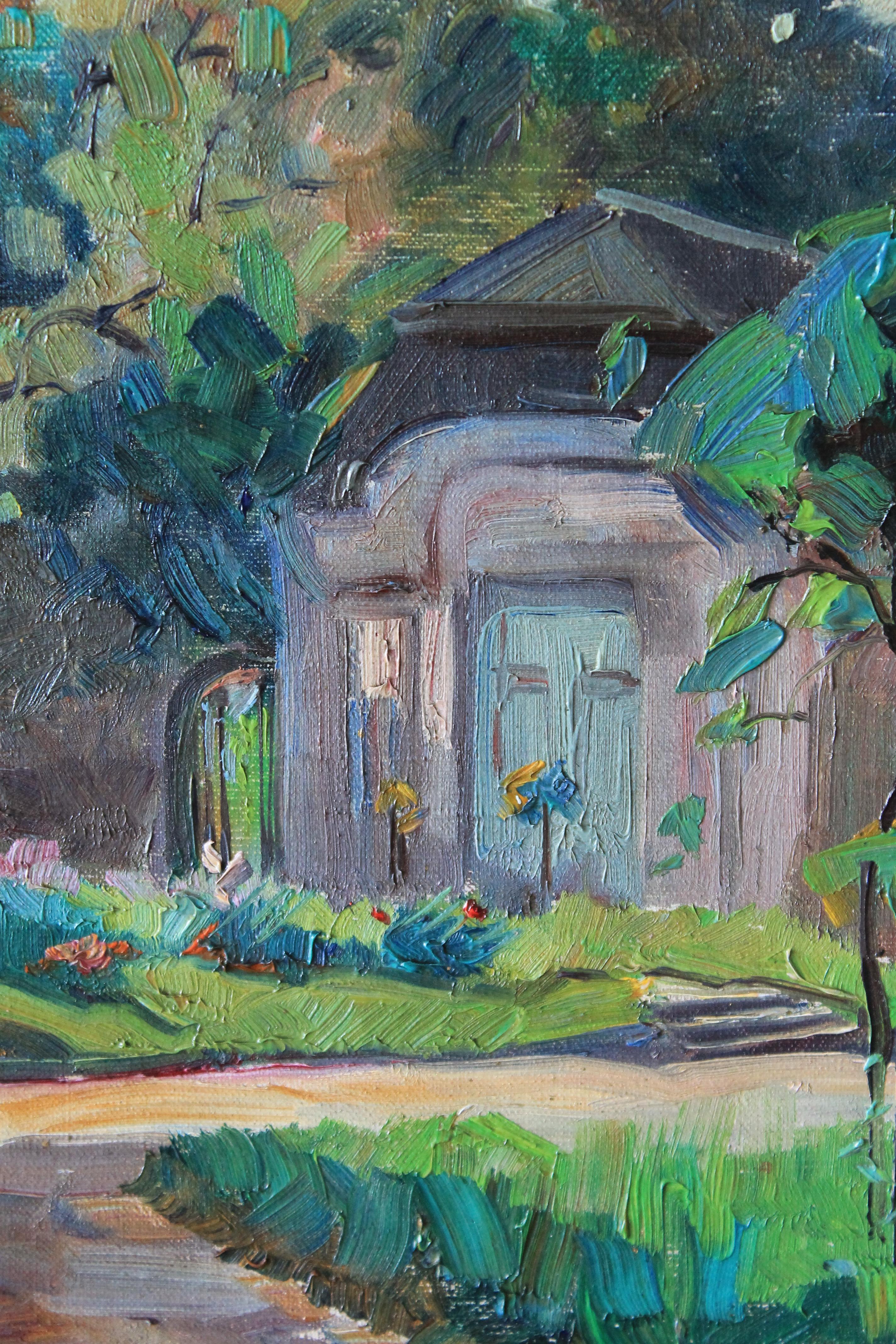 Precioso óleo de paisaje post impresionista de un jardín, obra de la célebre German artist Alice Sommer (1898-1942).  Aquí nos asomamos al jardín de una gran casa o Maison de Maitre.  El sendero iluminado por el sol nos conduce a un parterre,
