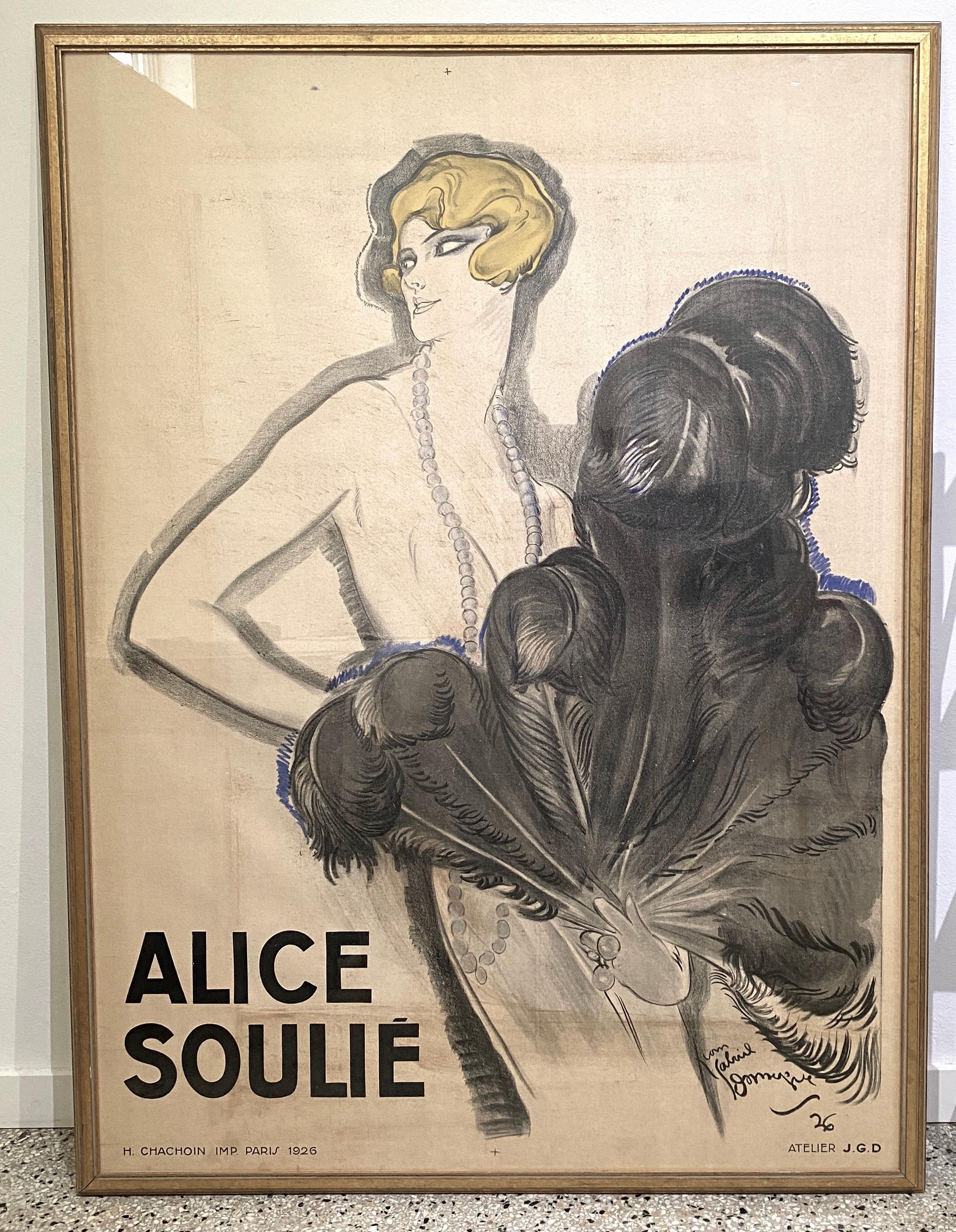 This stylish and chic French Art Deco lithograph poster of Alice Soulie was acquired from a Palm Beach estate. 

Note: Image dimensions are 60.38