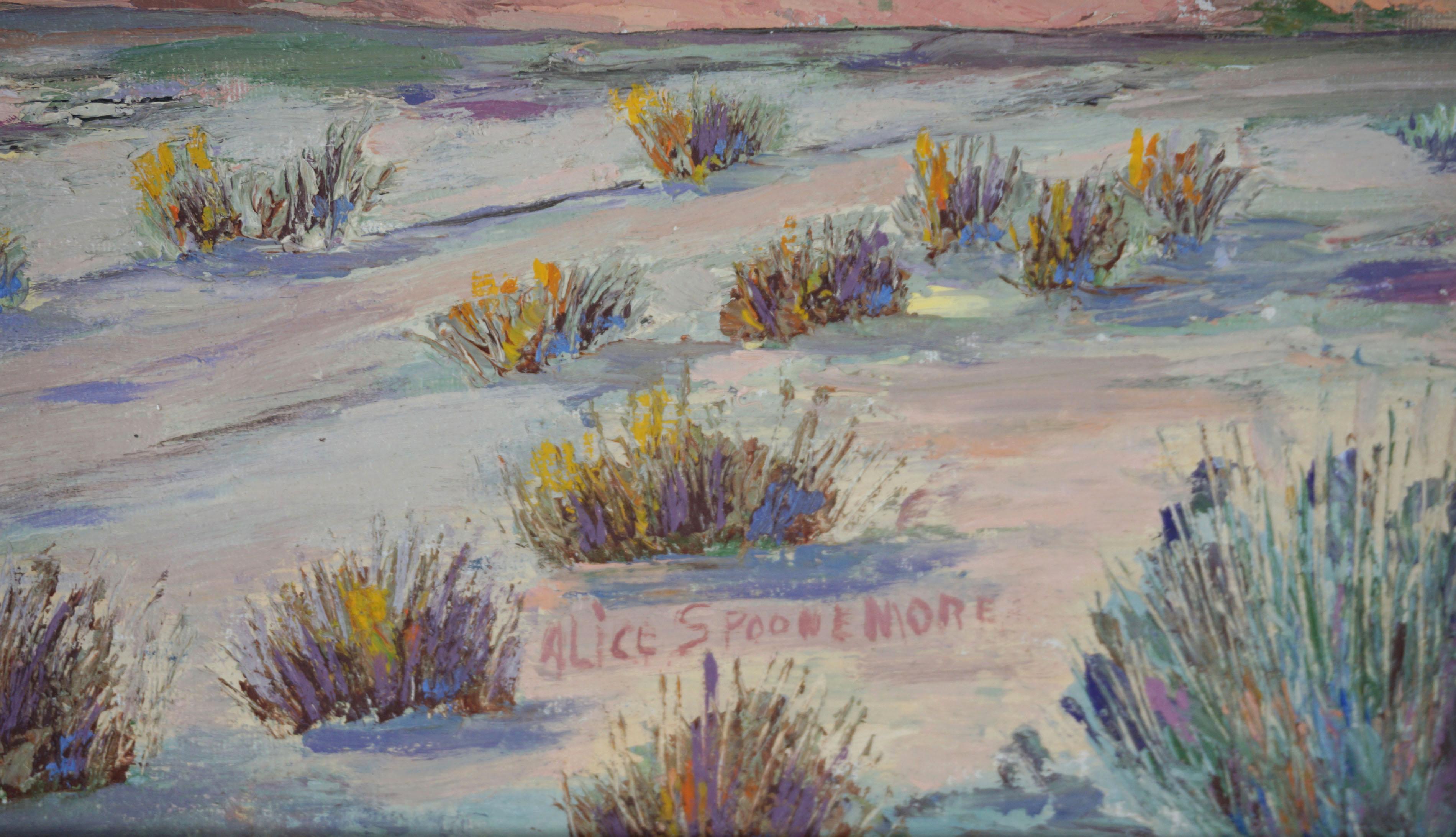 Pittura ad olio di Palm Springs di metà secolo - Landscape Painting Marrone di Alice Spoonemore