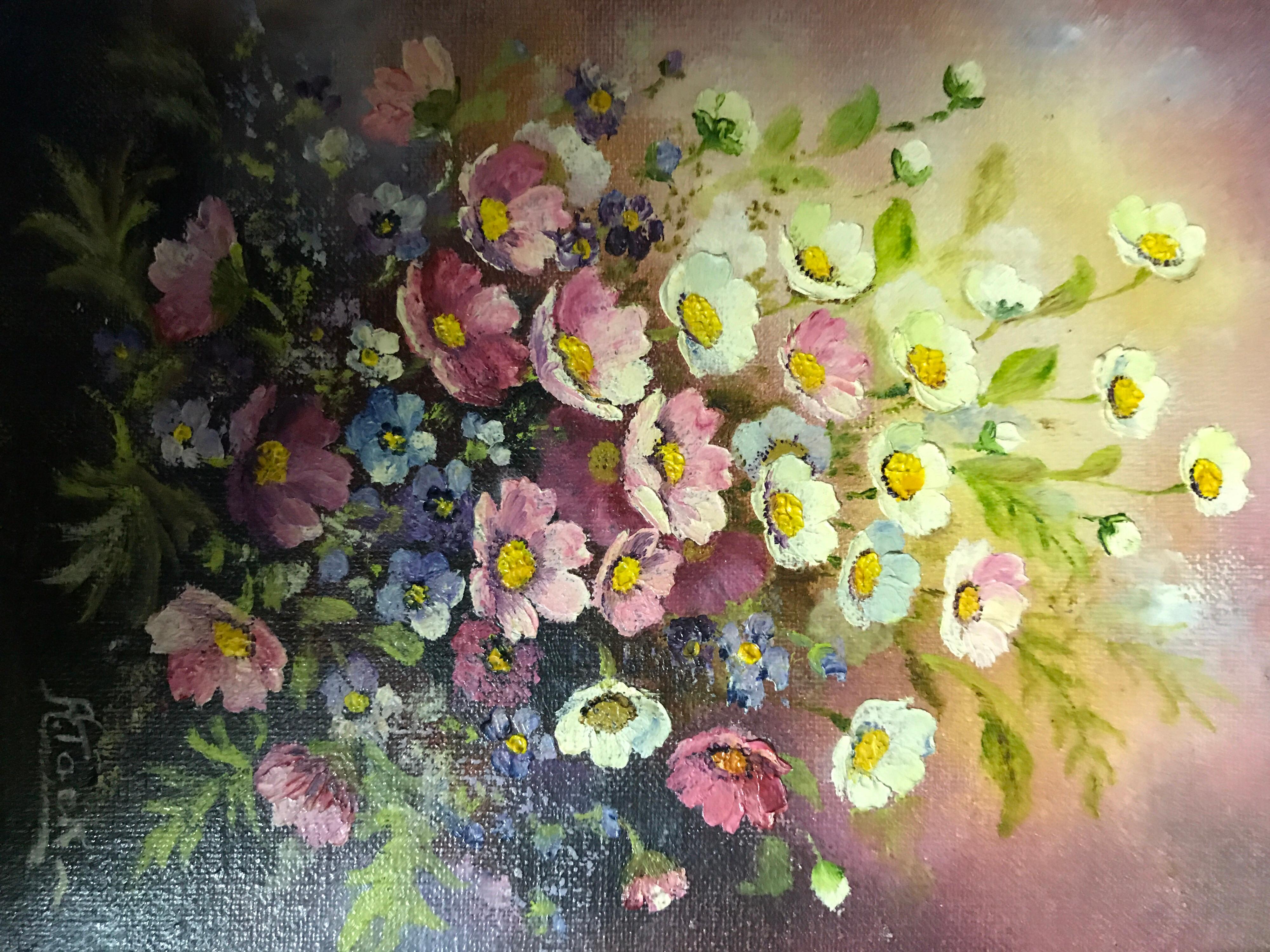 Belgian Alice Tack, Flowers Oil on Canvas, 1982 For Sale