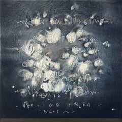 Elements - astratto vivido, blu, grigio, argento, iridescente, acrilico su tela
