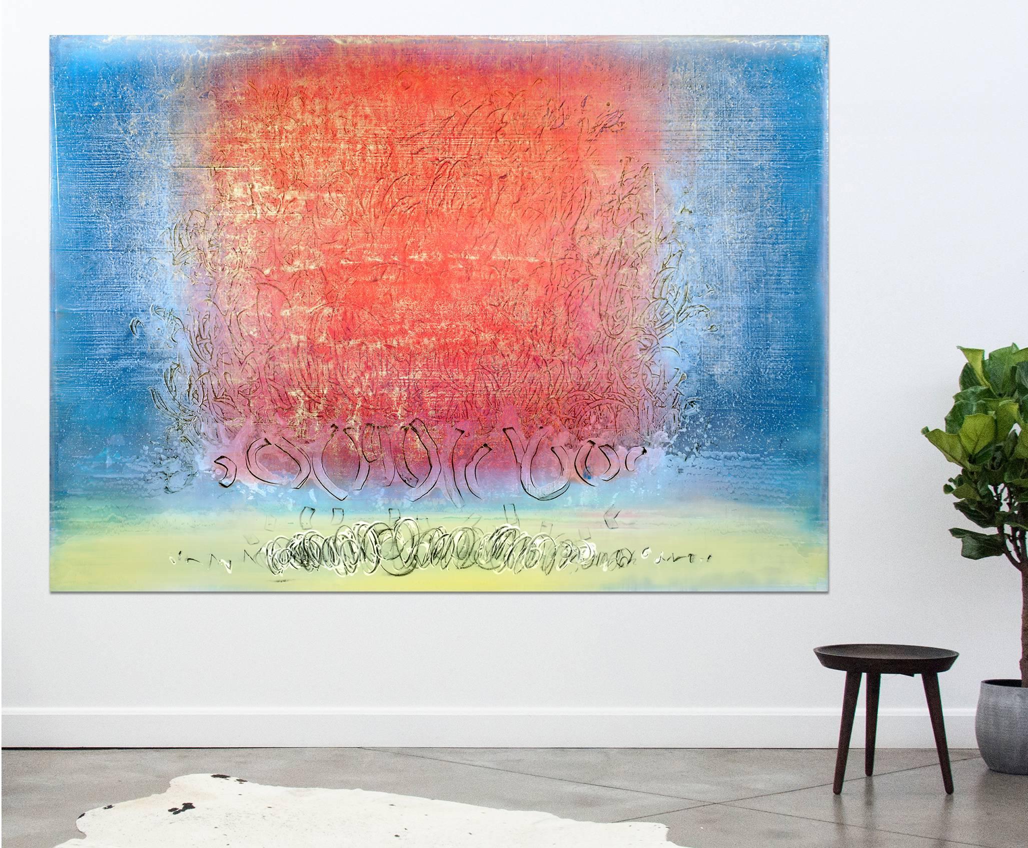 Spirit - large, red, blue, iridescent, gestural abstract, acrylic on canvas - Painting by Alice Teichert