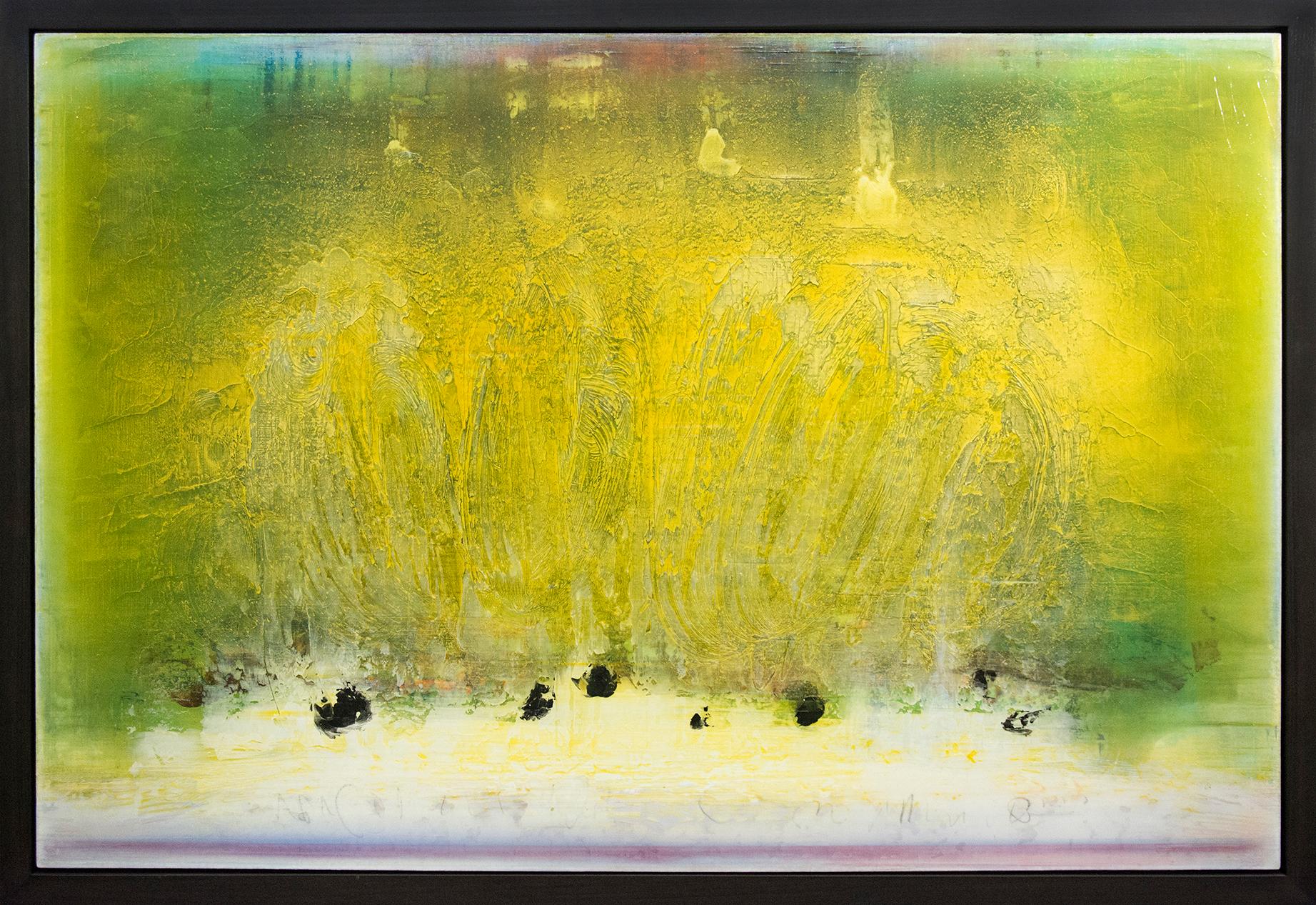 Œuvres d'été - chaudes, brillantes, jaunes, abstraites gestuelles, acrylique sur toile - Marron Abstract Painting par Alice Teichert