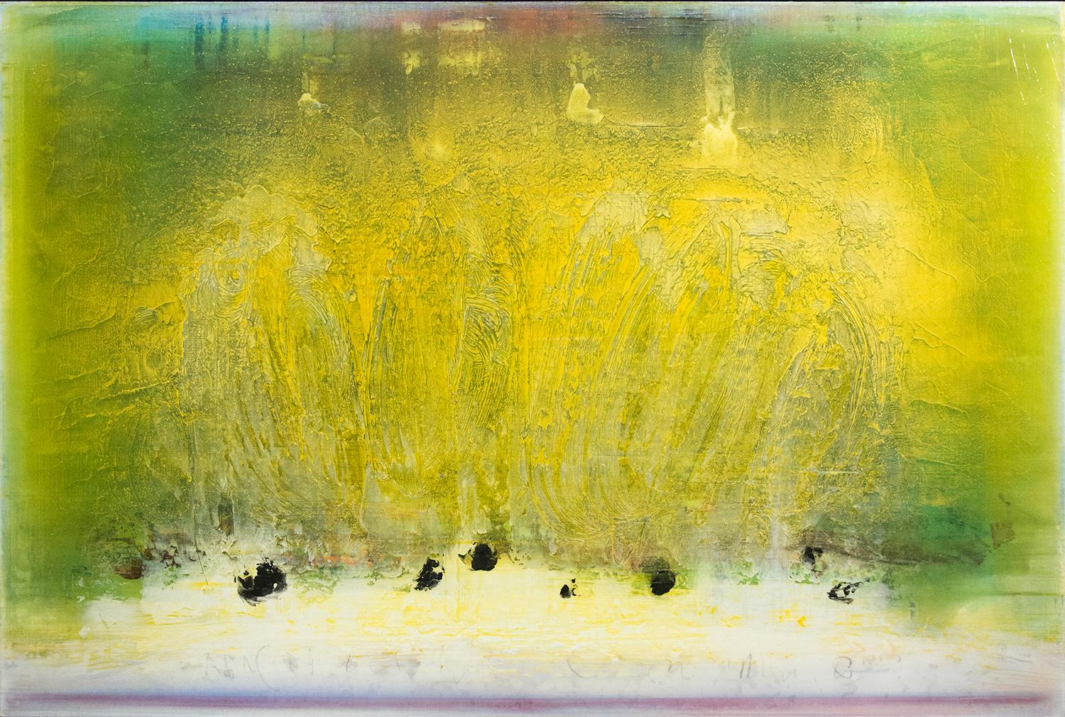 Abstract Painting Alice Teichert - Œuvres d'été - chaudes, brillantes, jaunes, abstraites gestuelles, acrylique sur toile