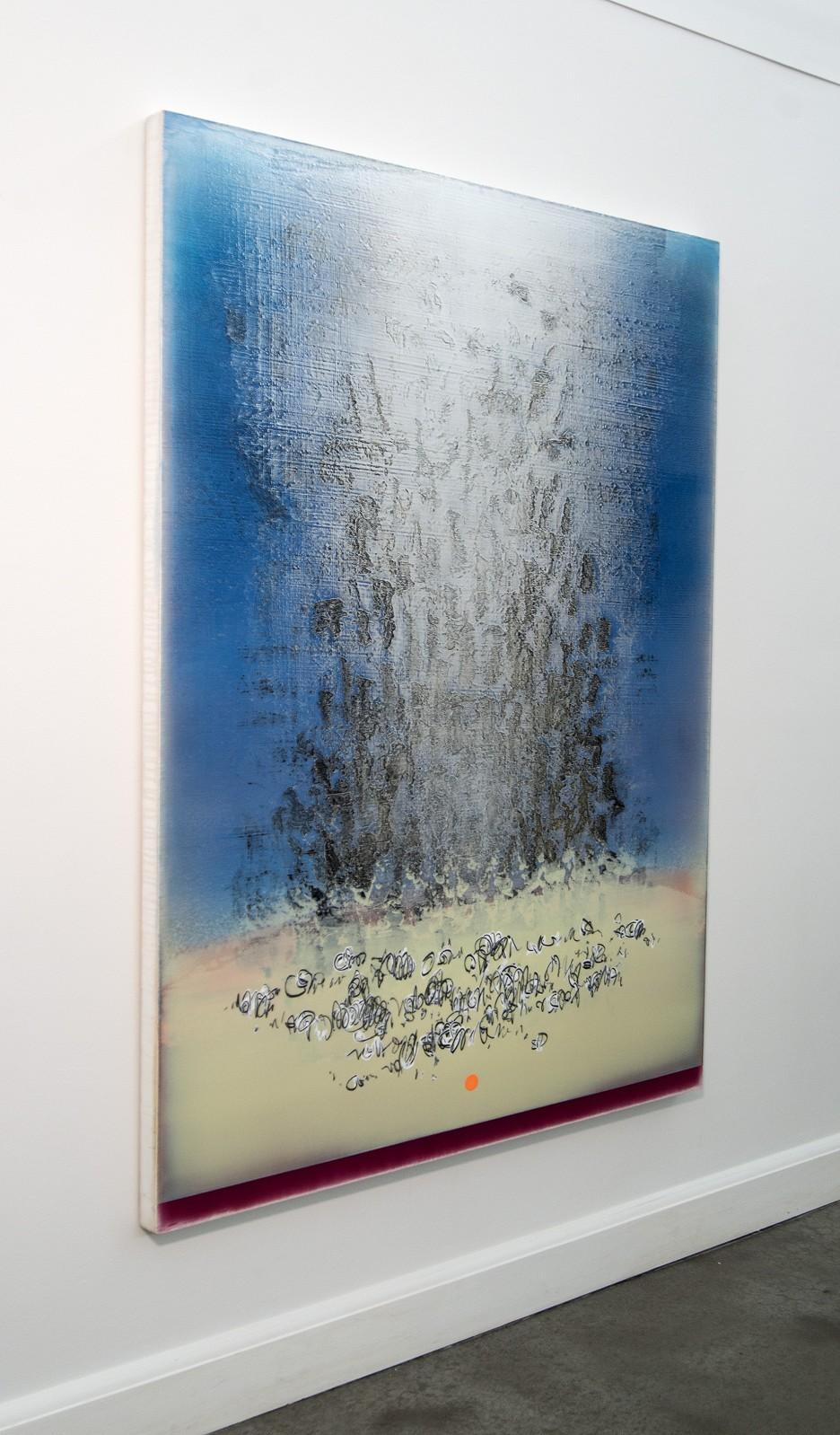 As if ascending to the heavens, a luminous silvery cloud set against a brilliant blue background appears to rise from the base of this stunning composition by Alice Teichert. For the Paris born artist colour, like light is a form of energy --visual