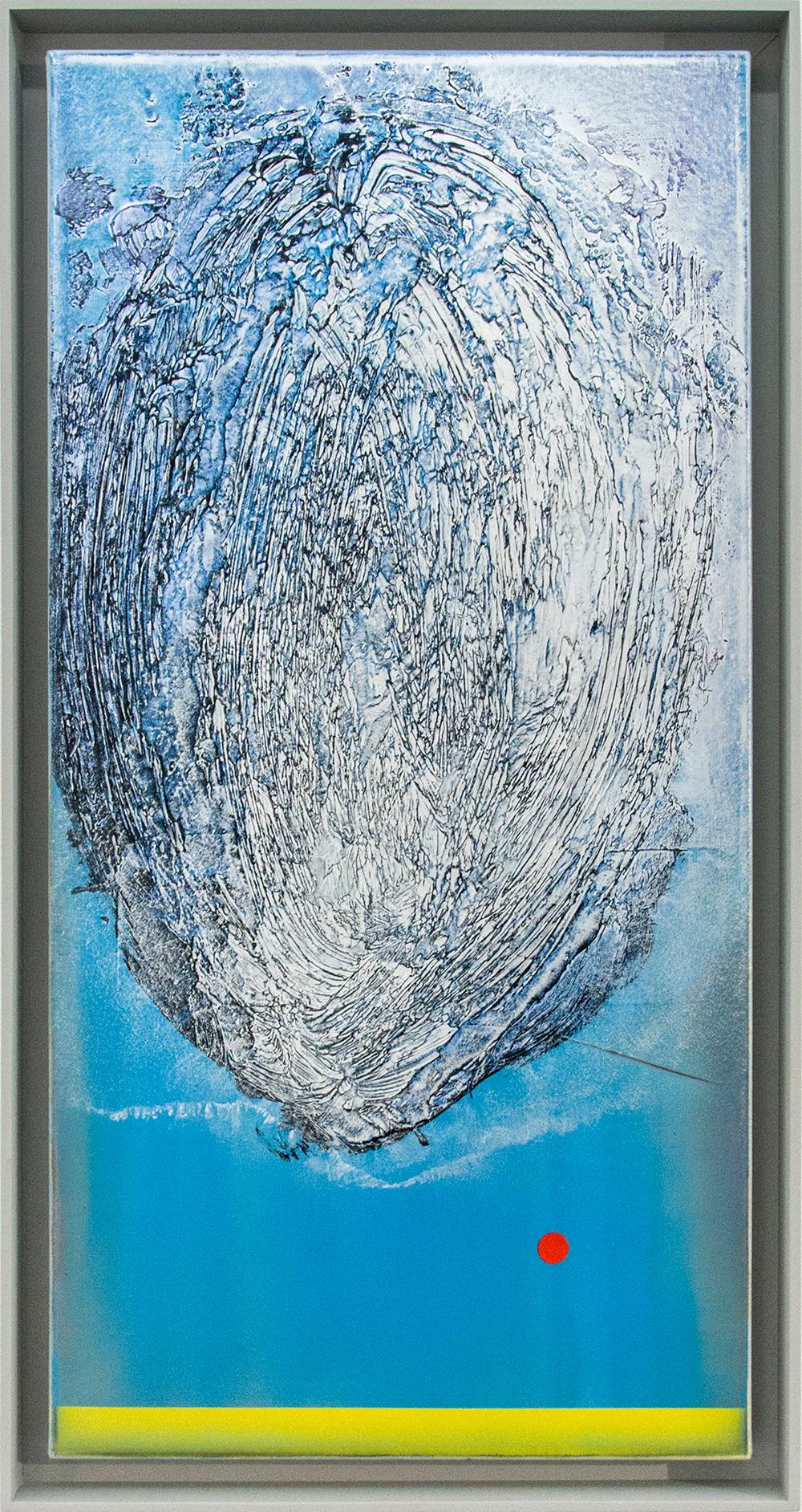 « Becoming 1 » - bleu, vert, argent, abstrait irisé, acrylique sur toile - Mixed Media Art de Alice Teichert