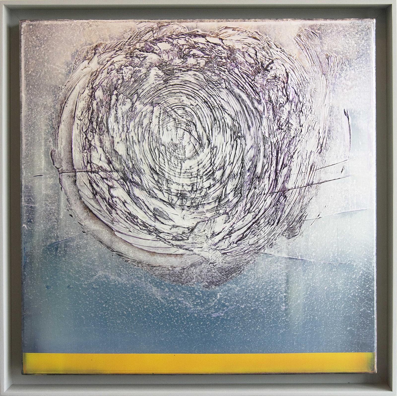 Helio - blue, silver, violet, yellow, gestural abstract, acrylic on canvas