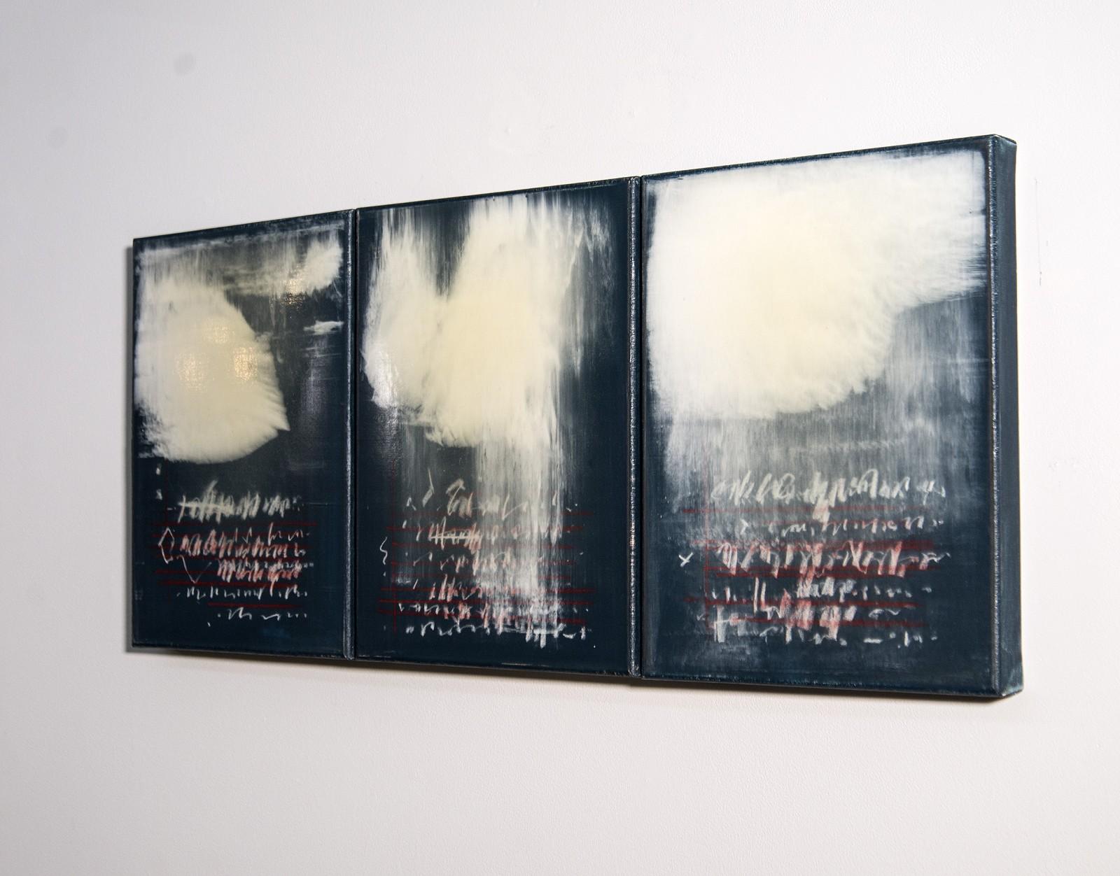 Initial Trio - black, white, red, lyrical abstract, triptych acrylic on panel - Painting by Alice Teichert