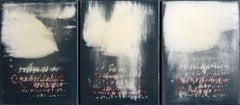 Initial Trio - black, white, red, lyrical abstract, triptych acrylic on panel